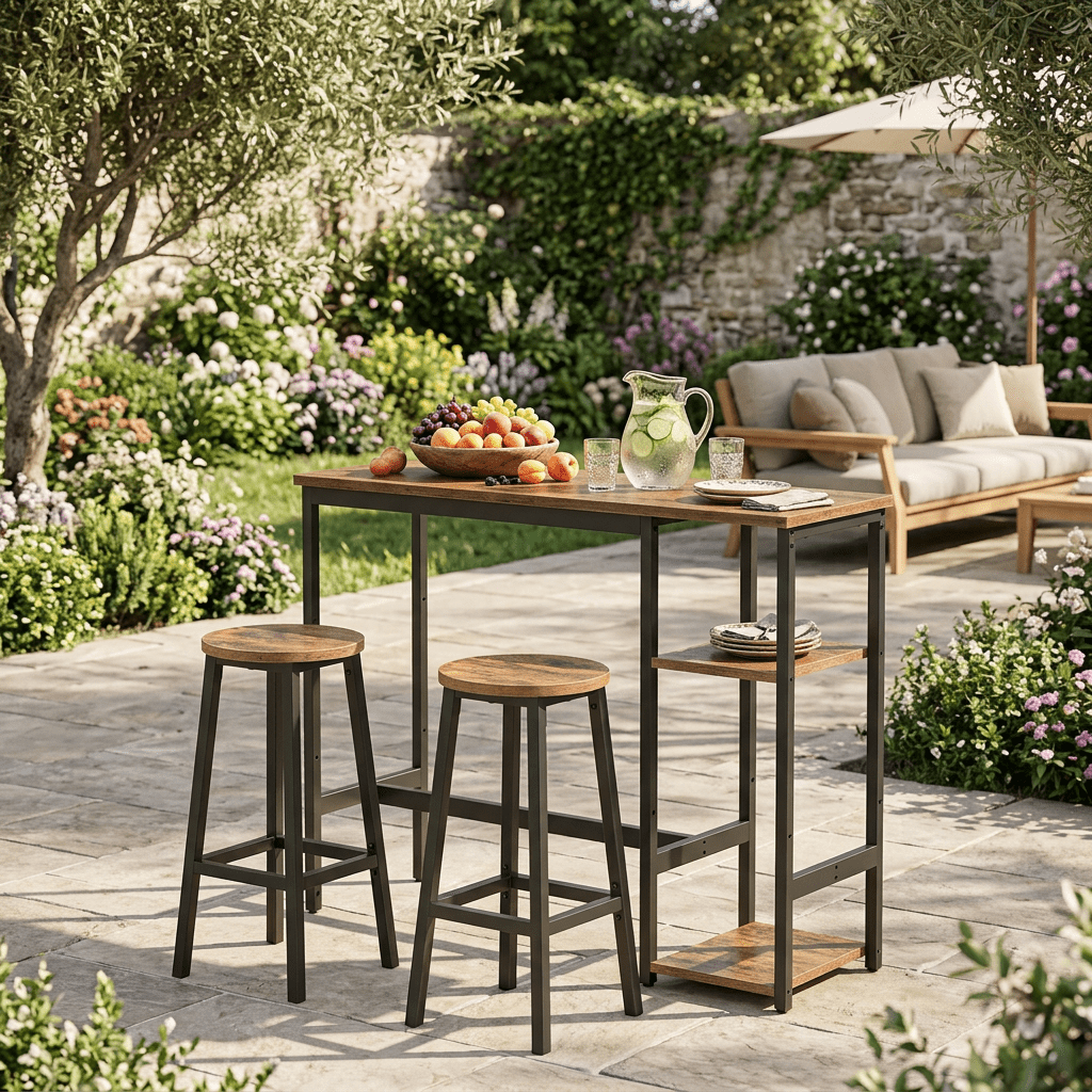Image of Bar Table Set With Shelf, Dining Group With 2 Stools, Metal Frame, Balcony Decor, Garden Decor, For Kitchen Or Living Room, Balcony, Garden, Brown-black