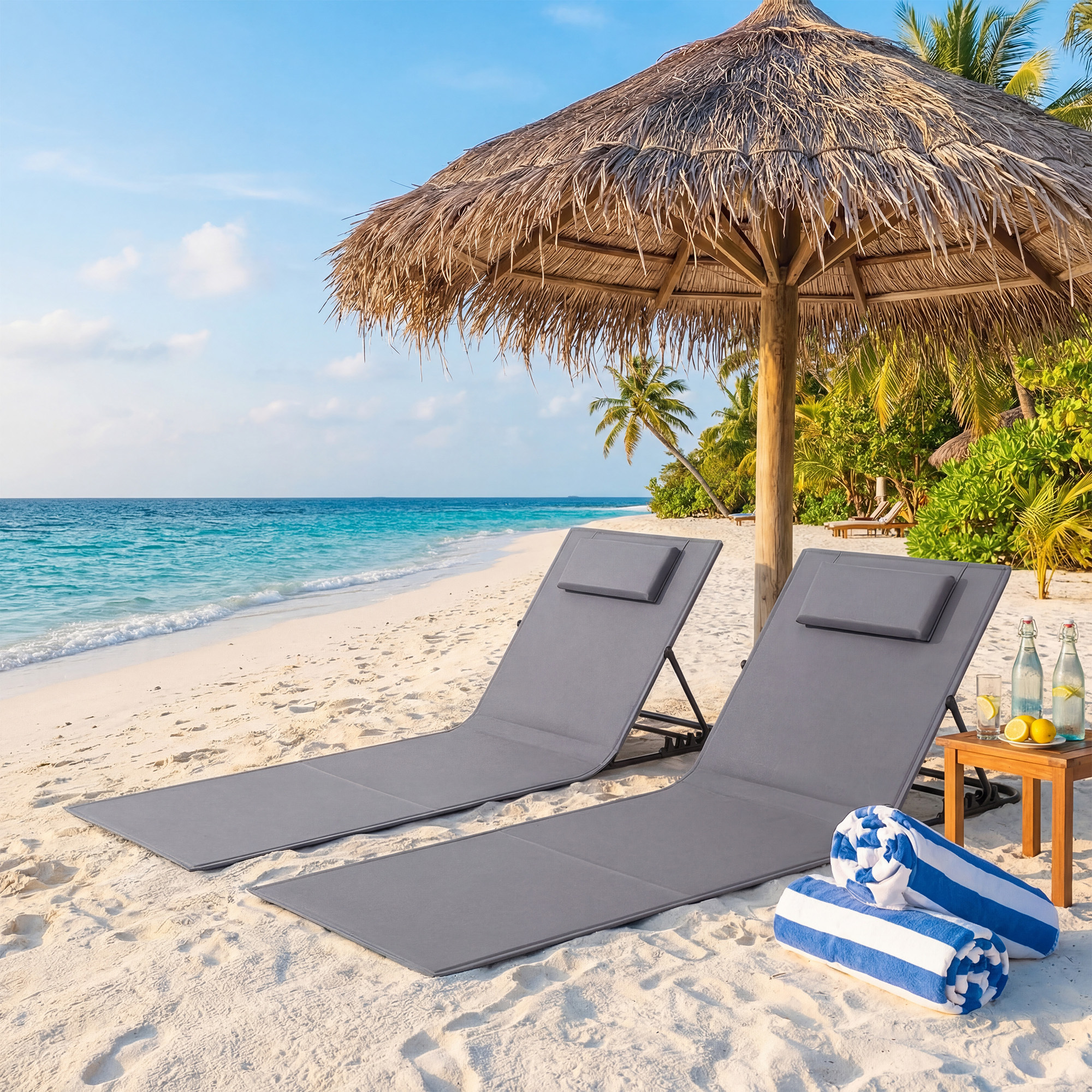 Image of Folding Chair, Beach Chair, Two-piece Set, Camping Chair, Sun Lounger, Beach Chair With Adjustable Backrest And Carrying Handle, Suitable For Camping And Gardening, 158 X 55 Cm ()