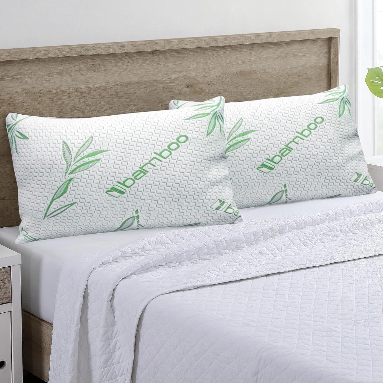 2-Pack Bamboo Memory Foam Pillows | 50x75cm | Medium Firm | Soft & Breathable | Neck & Shoulder Support | Sleep Positions: Side, Back & Stomach | Washable Removable Zip Cover