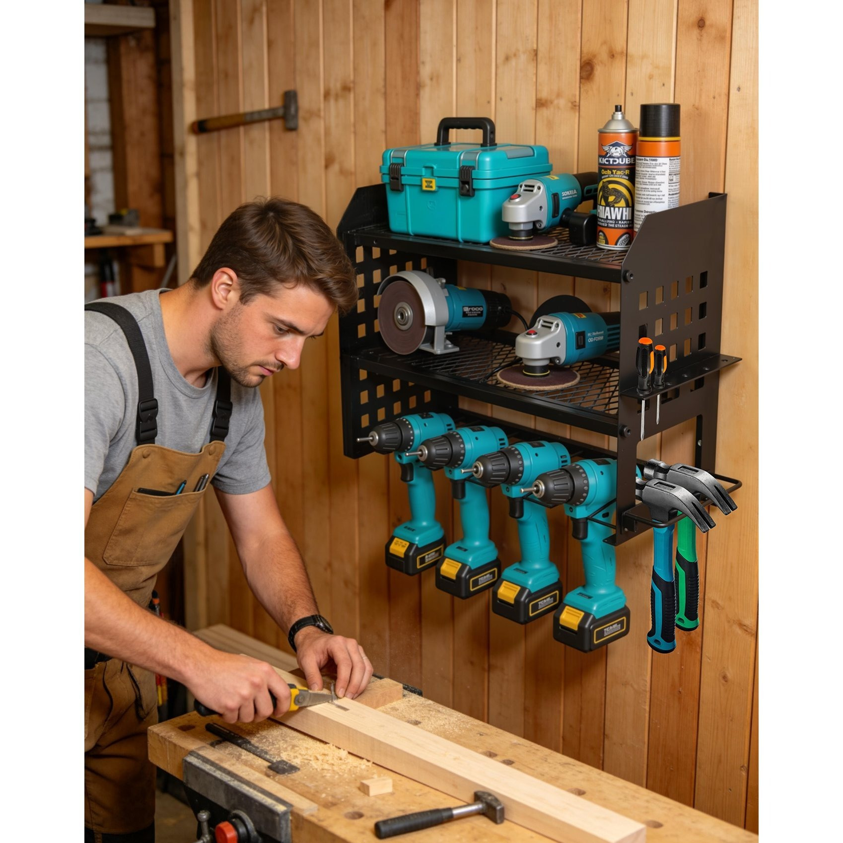 3-tier Wall-mounted Tool Holder With Hooks, Metal Tool Rack For Tools