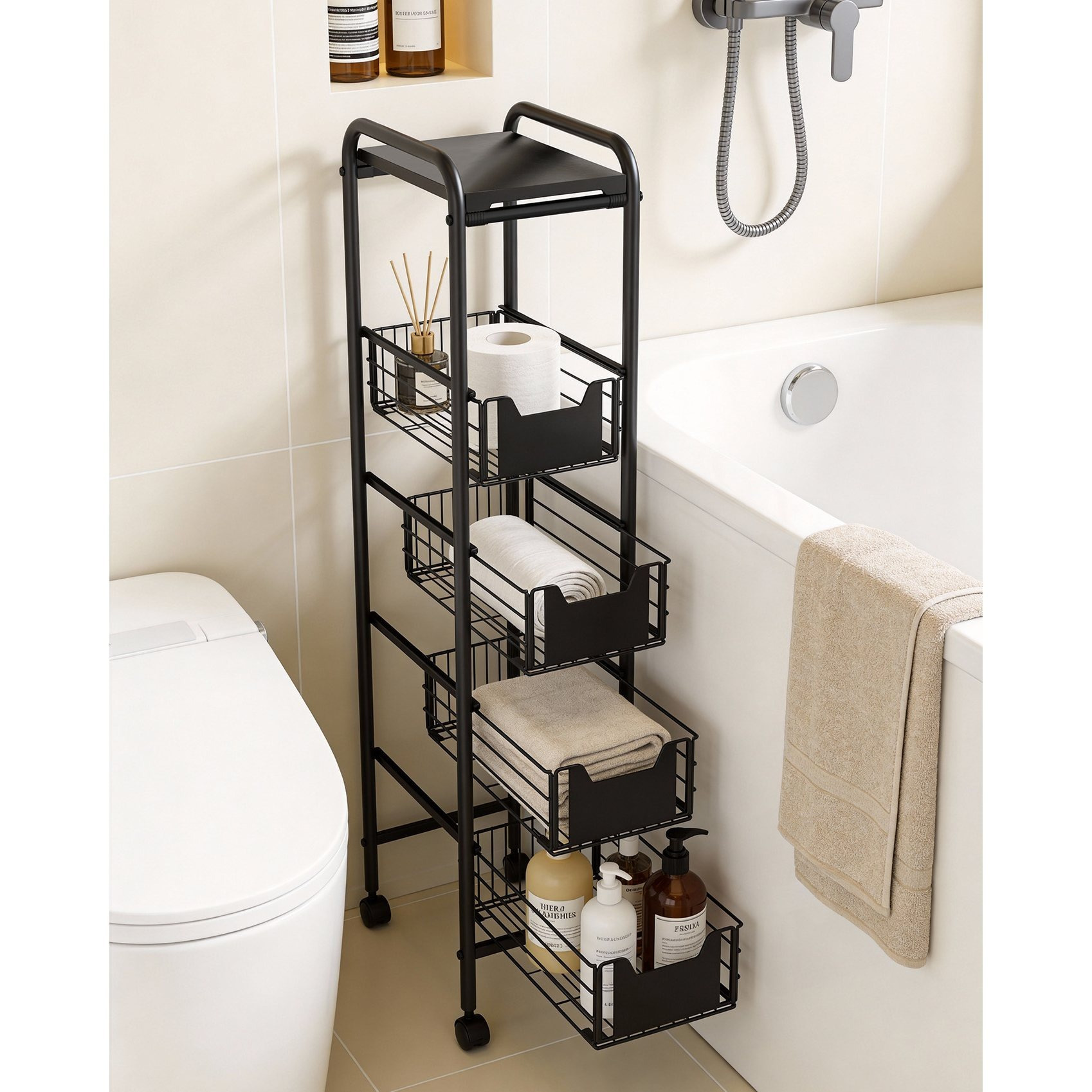 Image of Storage Cart With Wheels, Kitchen Cart With , Niche Shelf Serving Cart Narrow With Pull-out Drawers, Rolling Cart For Kitchen Bathroom Living Room Laundry Room, Black