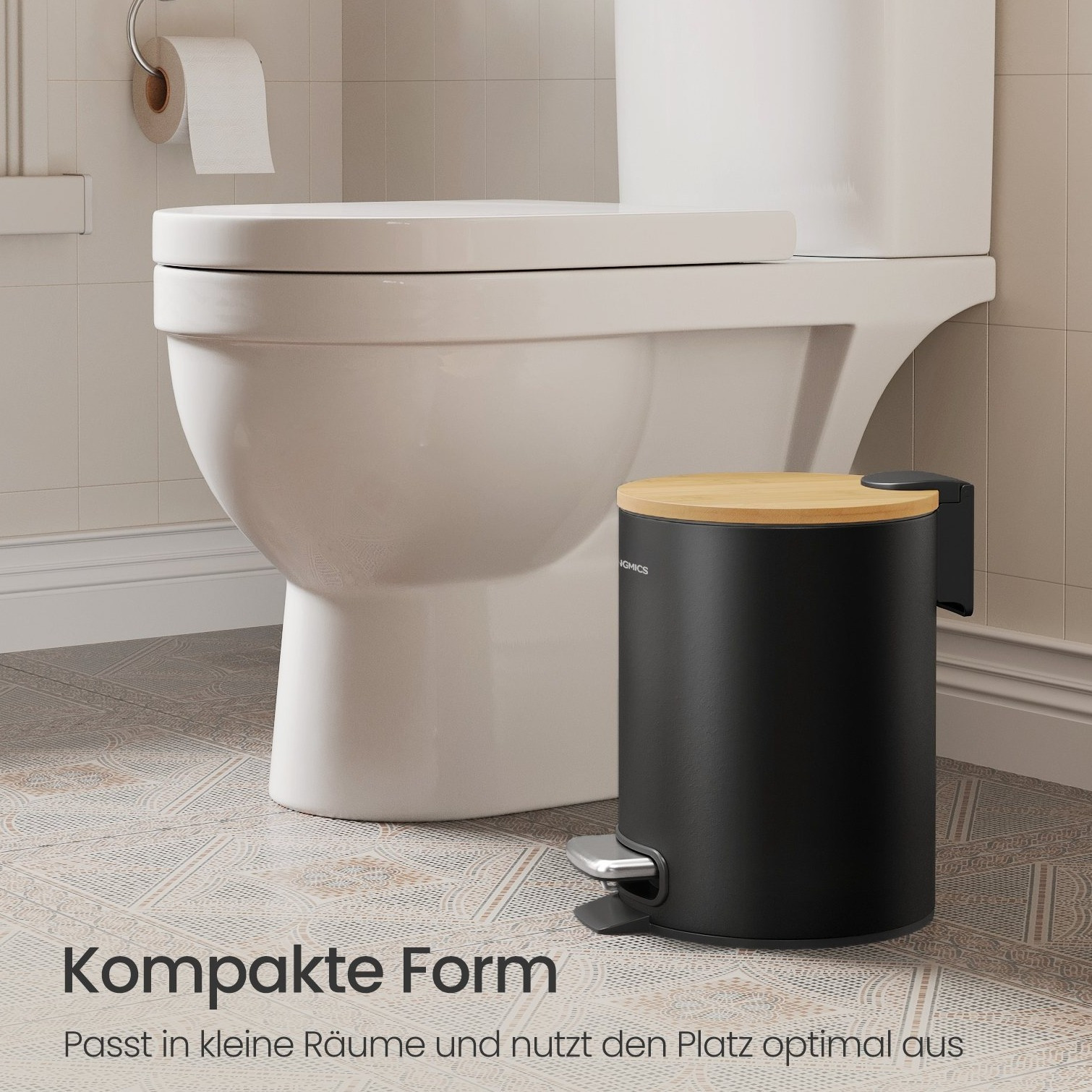 Bathroom Trash Can 3 Liter, Cosmetic Bin With Bamboo Lid, Step-on Waste Bin For Bathroom, Black