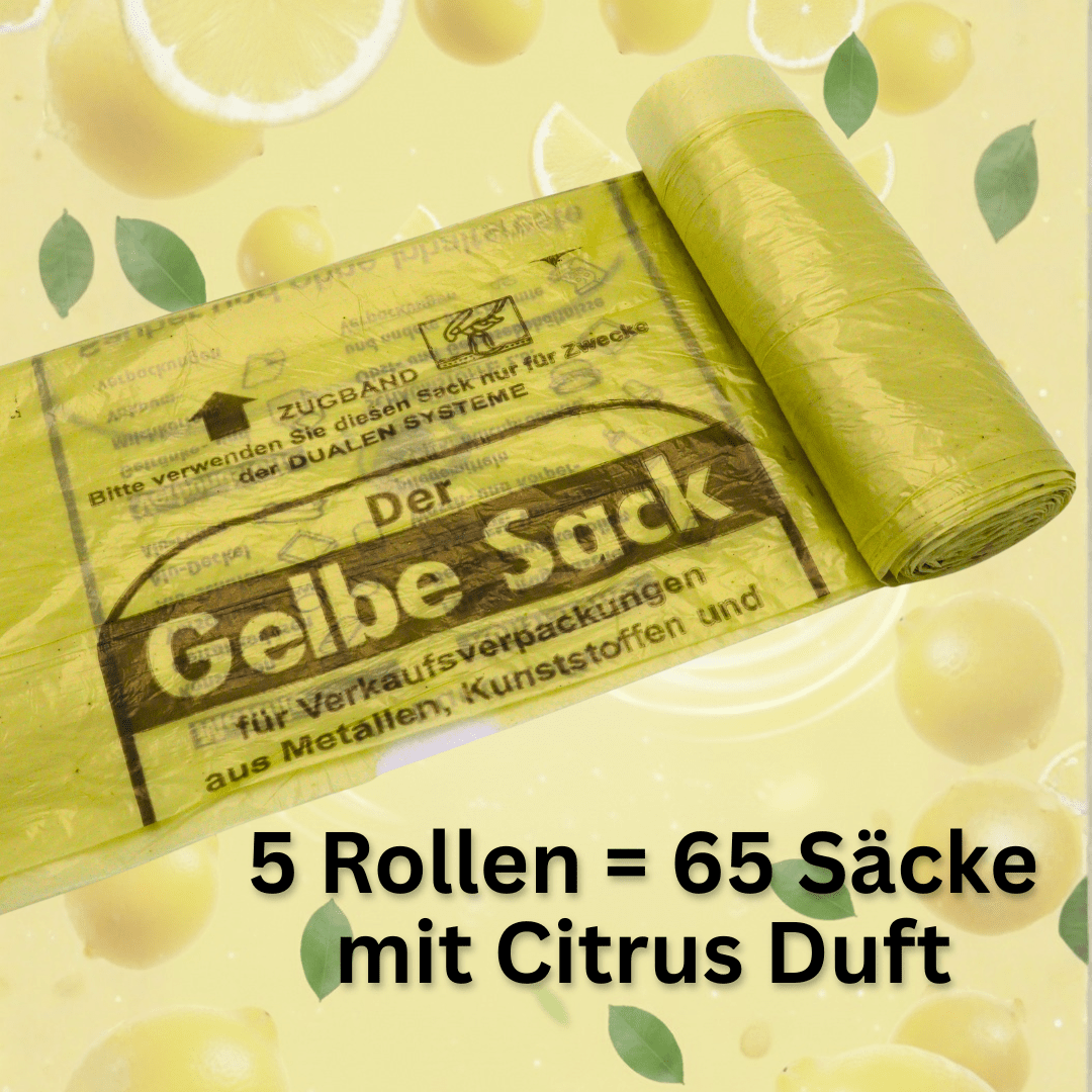 E-shop 5 Rollen Gelbe Säcke mit Citrus Duft 90L – Rollen à 13 Säcke | für Gelbe Tonne | Wertstoffsack | Recycling Müllsäcke 90l | 15µ | Abfallsäcke –