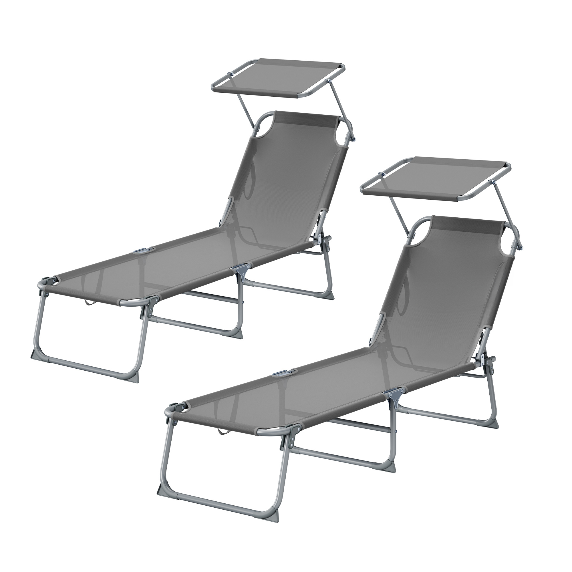 Folding Sun Lounger, 2pcs Set, Loadable Up To 110 Kg, Adjustable Sunshade, Backrest, 189 X 53 X 28.5 Cm, Grey