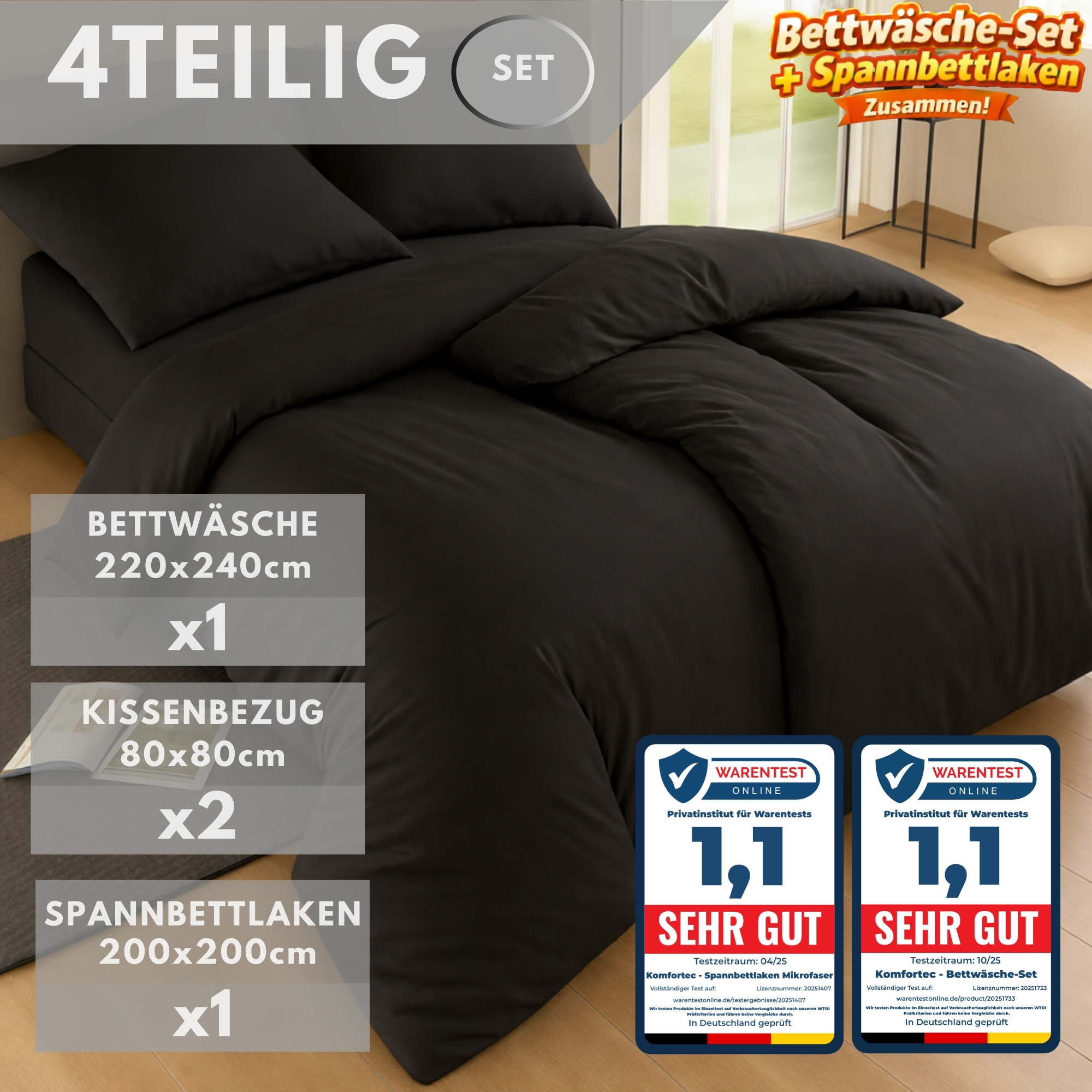 4-piece Fitted Sheet & Duvet Cover Set For Double Beds, Includes 2x Pillowcases 80x80 Cm