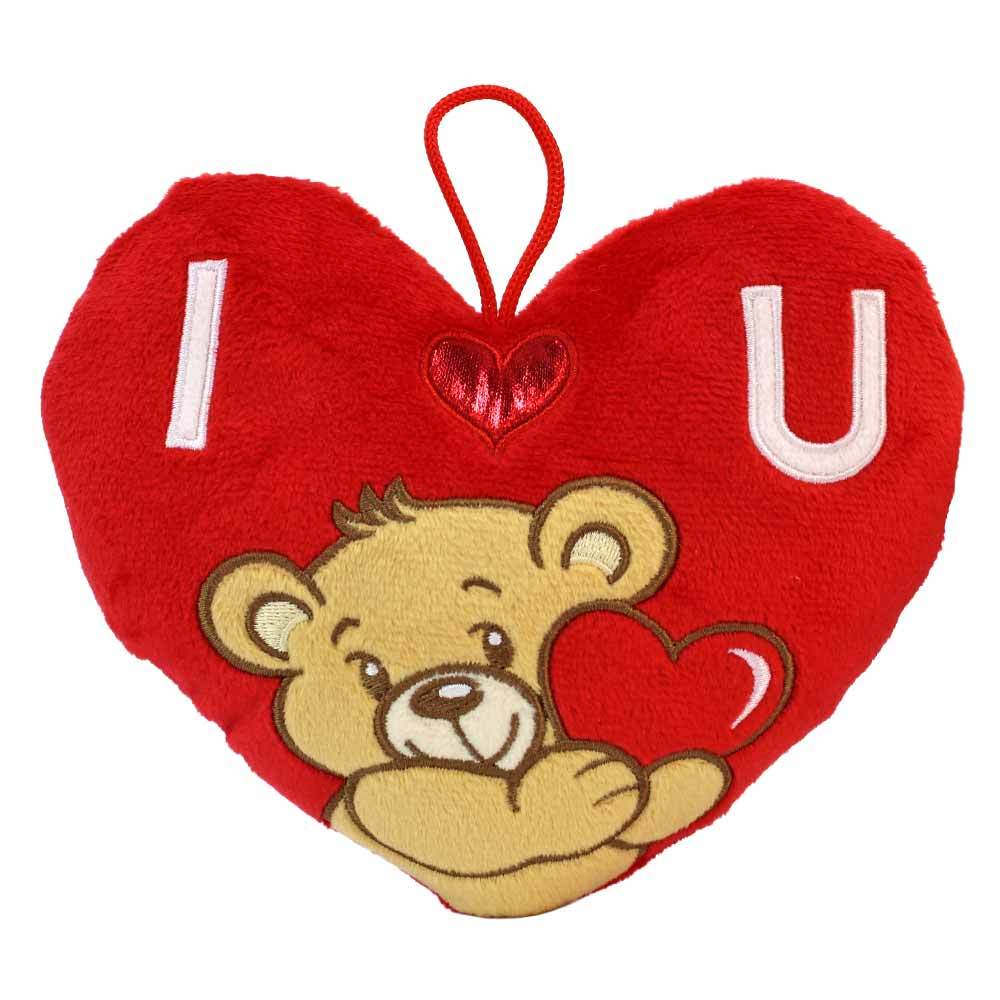 Image of Heart-shaped Decorative Pillows With Teddy & "i Love You" Embroidery – Red Heart Pillow 15 Cm – Cuddle Pillow With Loop For Hanging – Gift For Valentine's Day, Anniversary Or Love