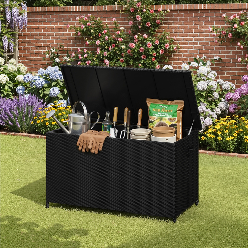 Image of Costoffs Pe Rattan Storage Box 651 L With Lid & Wheels, Large Garden Box, Cushion Box, Garden Chest, Outdoor Storage Box, Garden Tool Box