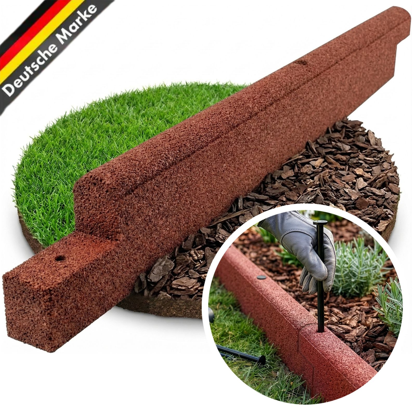 Rubber Edging Stones 122x12.7 Cm – Flexible Lawn Edging & Bed Bordering – Shock-absorbing, Weather-resistant & Slip-resistant – Ideal For Sandbox, Playground, , Terrace - Red/green - 51 Mm Thick