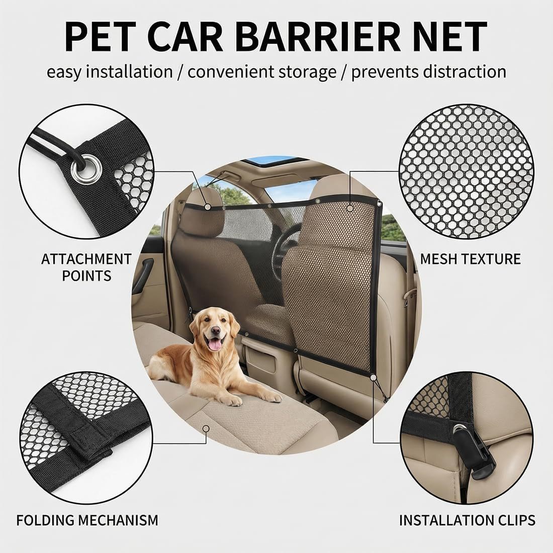 TEMU 1 PCS Red de Seguridad para Perros con Cuerda Ajustable, entre Mascotas y Conductor, Coche Perro, para Perros en Vehículos 115x62cm.