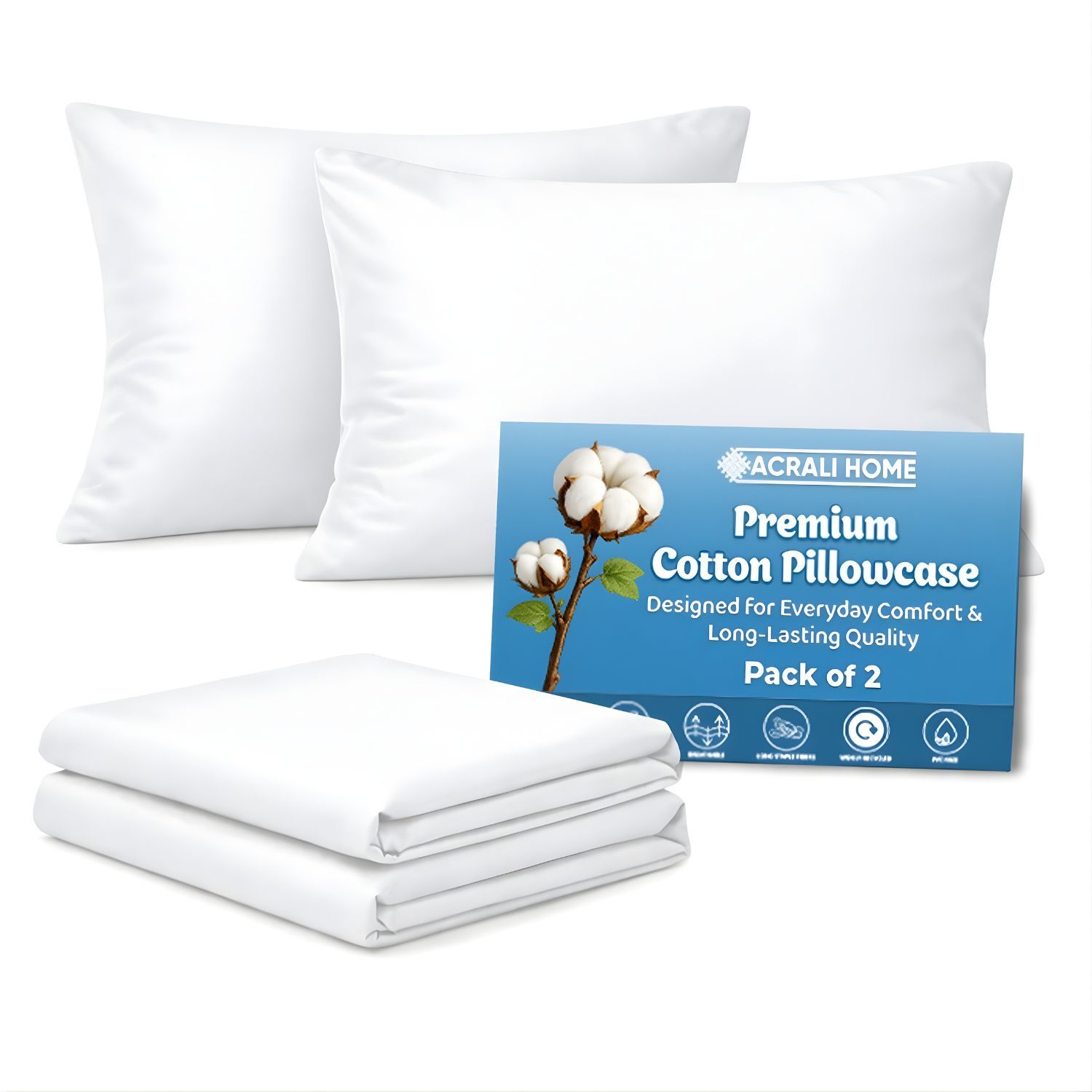 TEMU Acrali Quality Pillowcases – 2 Pack Standard Size 50x75 Cm, Soft & Breathable Pillow Covers With Envelope Closure, In White, Grey, Pink, Denim
