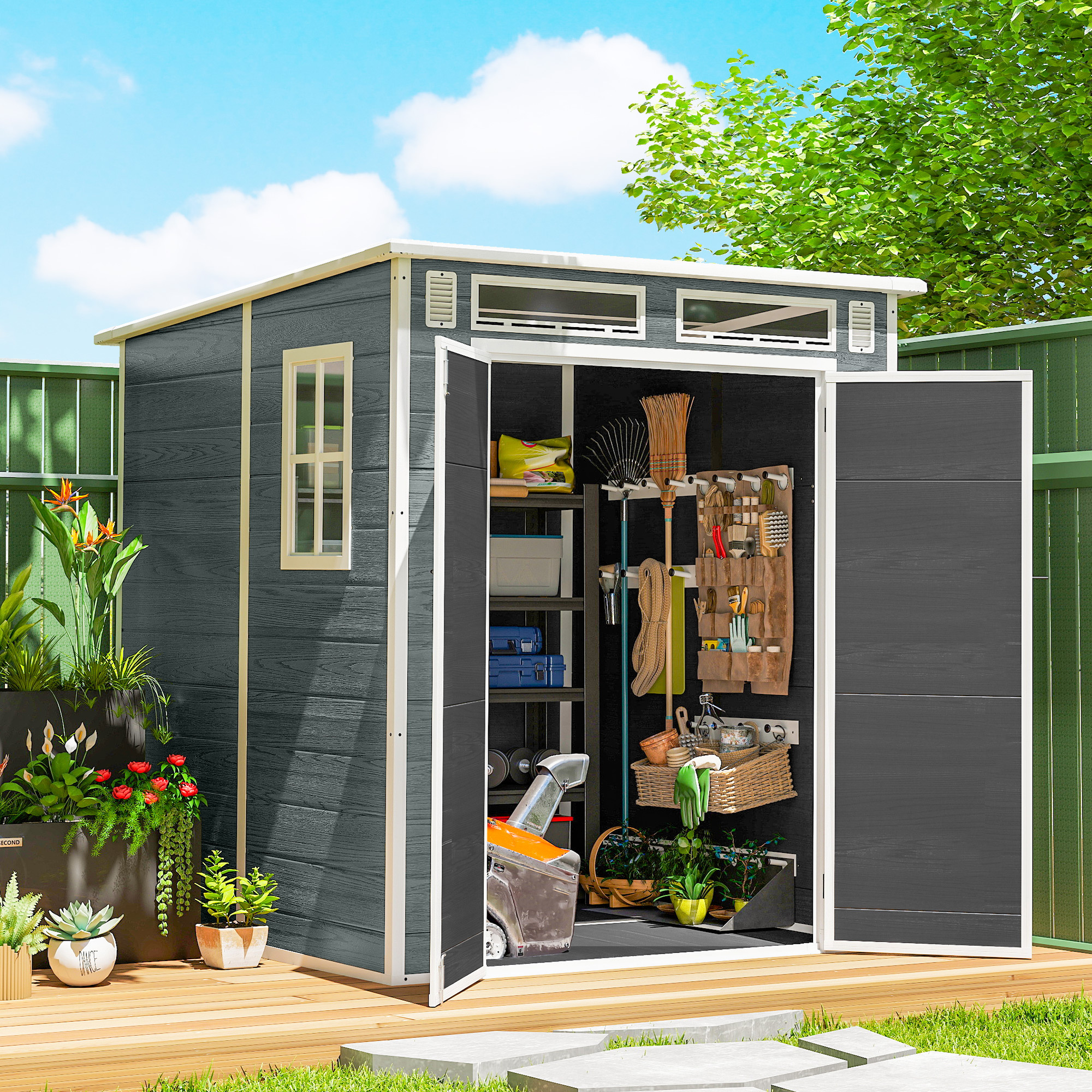 Image of Garden Shed 2.89 M², Tool Shed With Wood Look, 3 Windows, 182 X 182 X 196 Cm, Plastic Garden Storage With Double Door, Ventilation, , Gloves, Garden House For Tools And Bikes