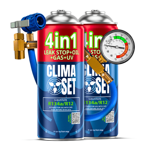 photo de l'article 2x 4-en-1 r134a 235g réfrigérant pour climatisation + tuyau avec manomètre, kit de recharge diy pour climatisation de voiture avec détection de fuites, moderne, huile, scellant, teinture uv, boîte réutilisable avec filetage, pour véhicules fabriqués entre 1994-2016, opération facile et rapide, économise et argent, haute qualité