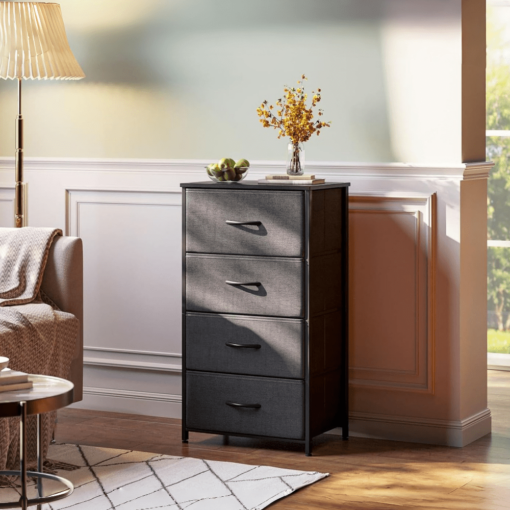 Image of Narrow Chest Of Drawers With 4 Drawers, Small Chest Of Drawers With Fabric Drawer, Sturdy , Wooden Top, Suitable For Bedroom And Living Room