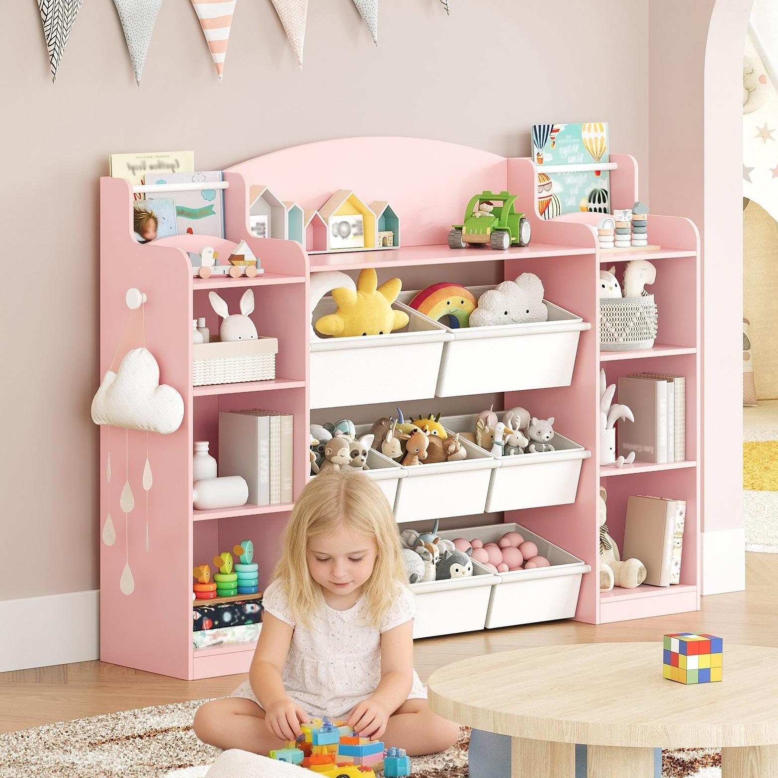 Shelf For Kids, Wooden Bookcase For Kids, Toy Shelf With 8 Fabric Drawers For Children's Room, Living Room, Office, Pink, 30 X 140 X 104 Cm