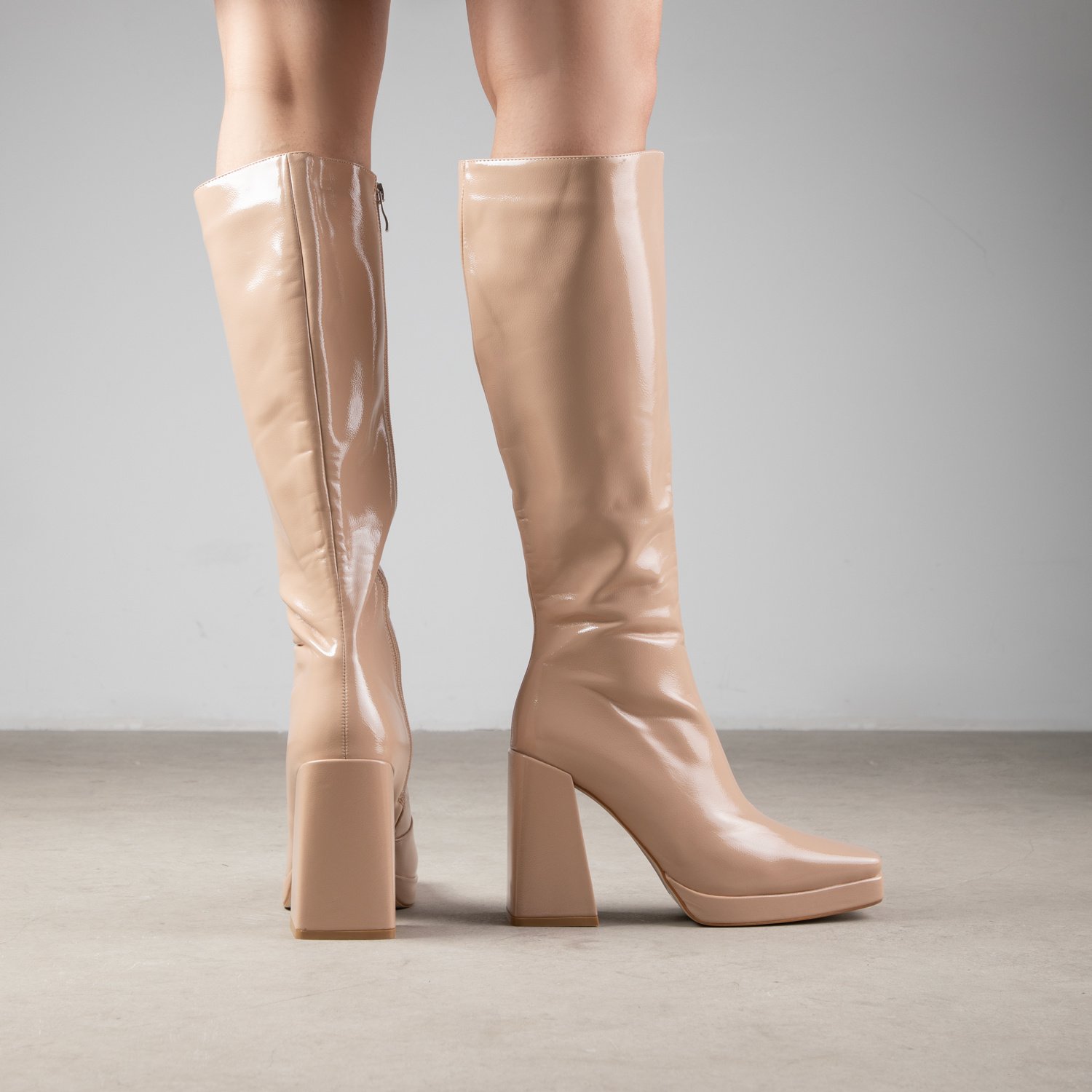 Rosie Long Boot in Nude Patent Finish