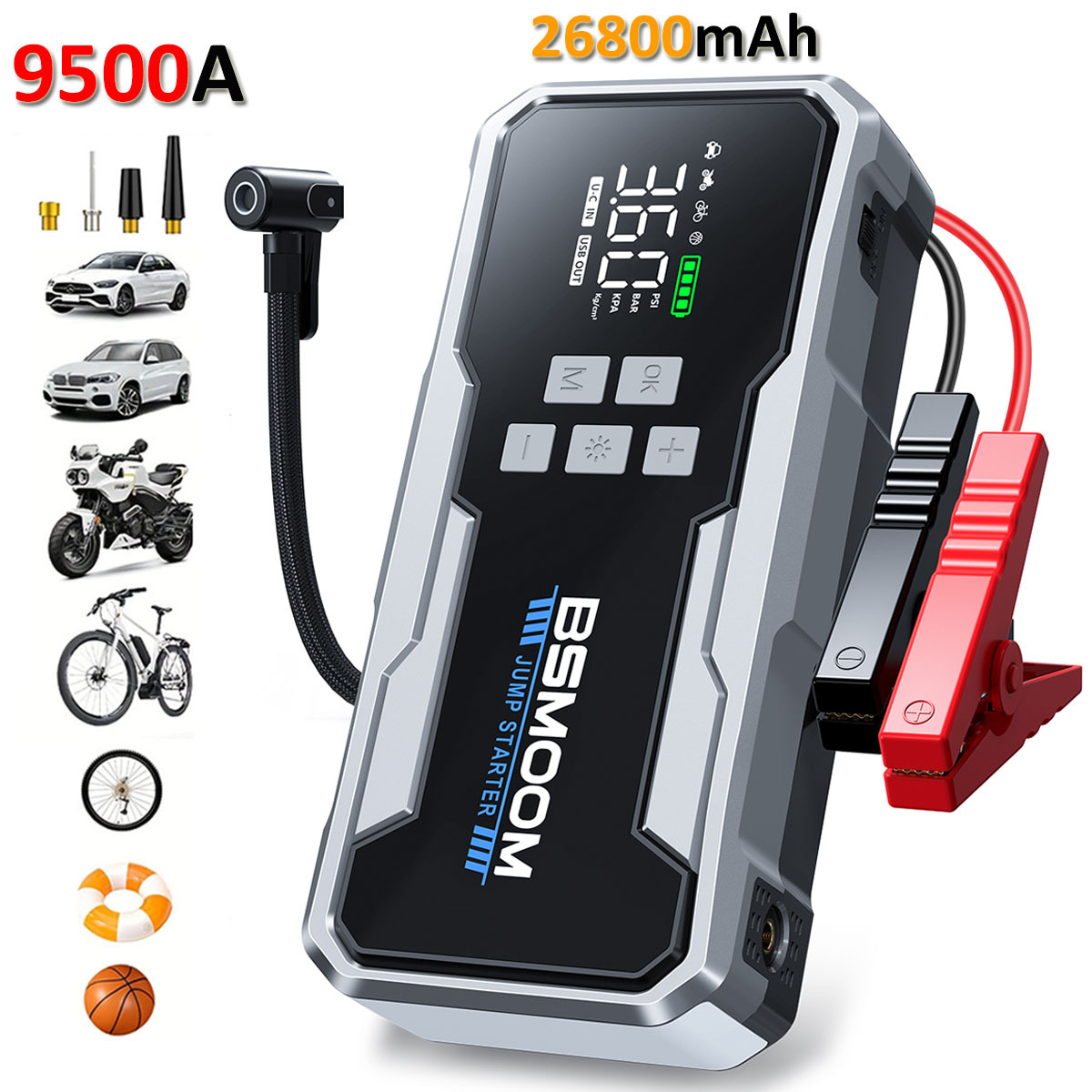 E-shop 9500A Auto-Starthilfe mit Luftkompressor, kabelloser Reifenfüller, 21800mAh/26800mAh Akku-Booster mit Powerbank & LED-Taschenlampen, 12V