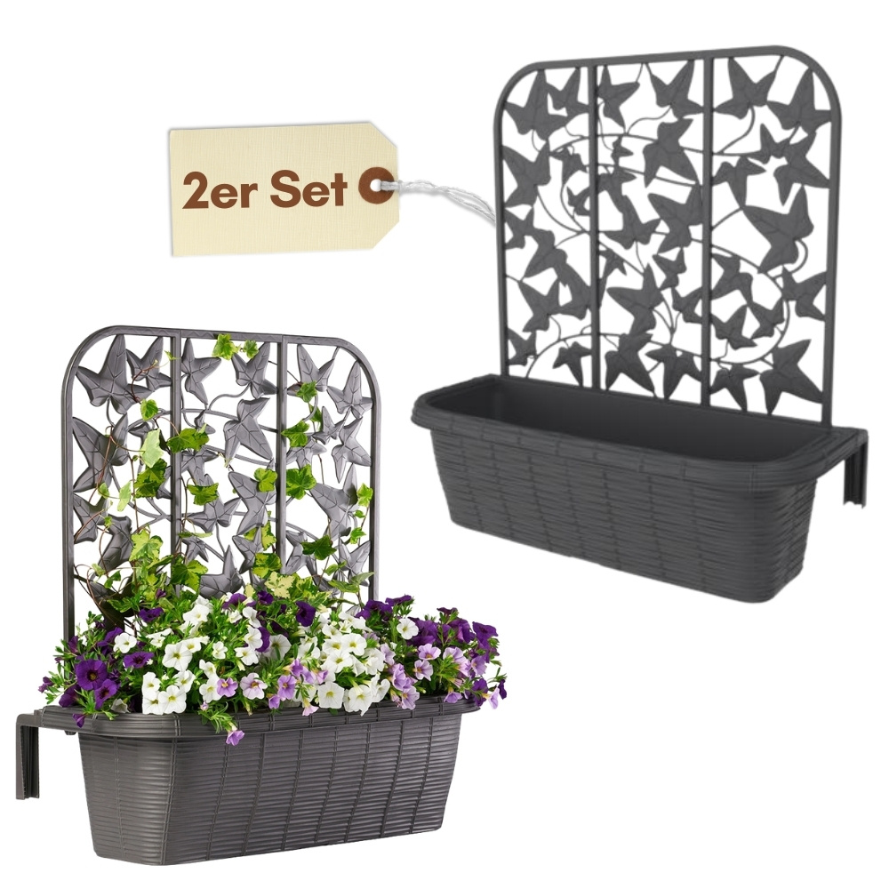 Image of 2-piece Set Balcony Flower Box With Trellis, Planter Box With Water Reservoir, Balcony Flower Box, Railing Planter Box, 60 Cm Rattan