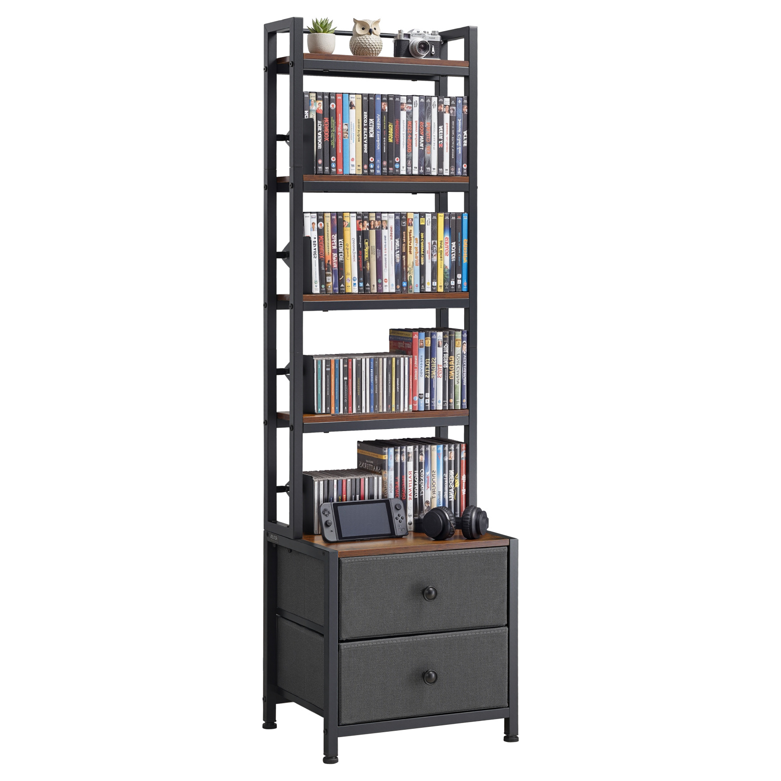 Image of Vevor Media Storage Cabinet, 4-shelf Dvd Shelf Organizer With Drawers, 40 X 30 X 143.5 Cm Multimedia Storage Organizer For Cds, Dvds, Books And Games, Cd Cabinet For Living Room, Home Office