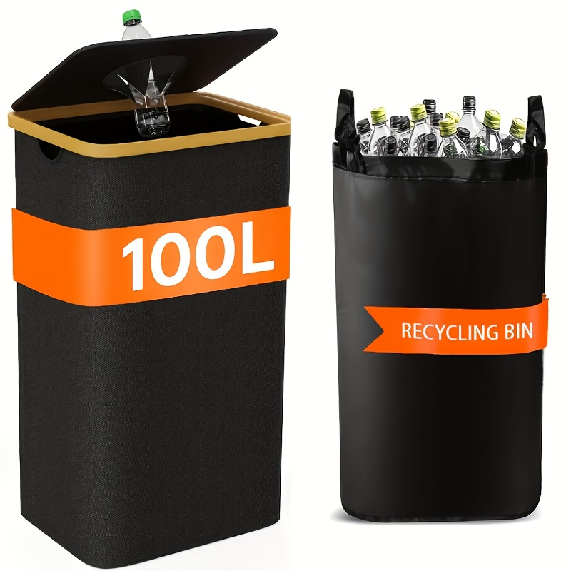 100l faltbarer recyclingbehälter, flaschen-recyclingbehälter, mit abnehmbarem tragebeutel – mülltonnen-organizer aus schwarzem oxford-gewebe mit großem fassungsvermögen, für  -,  -, kunststoff-, metall- und leere flaschen-recycling, aufbewahrung für zuhause für küche, büro, waschküche, muttertagsgeschenk