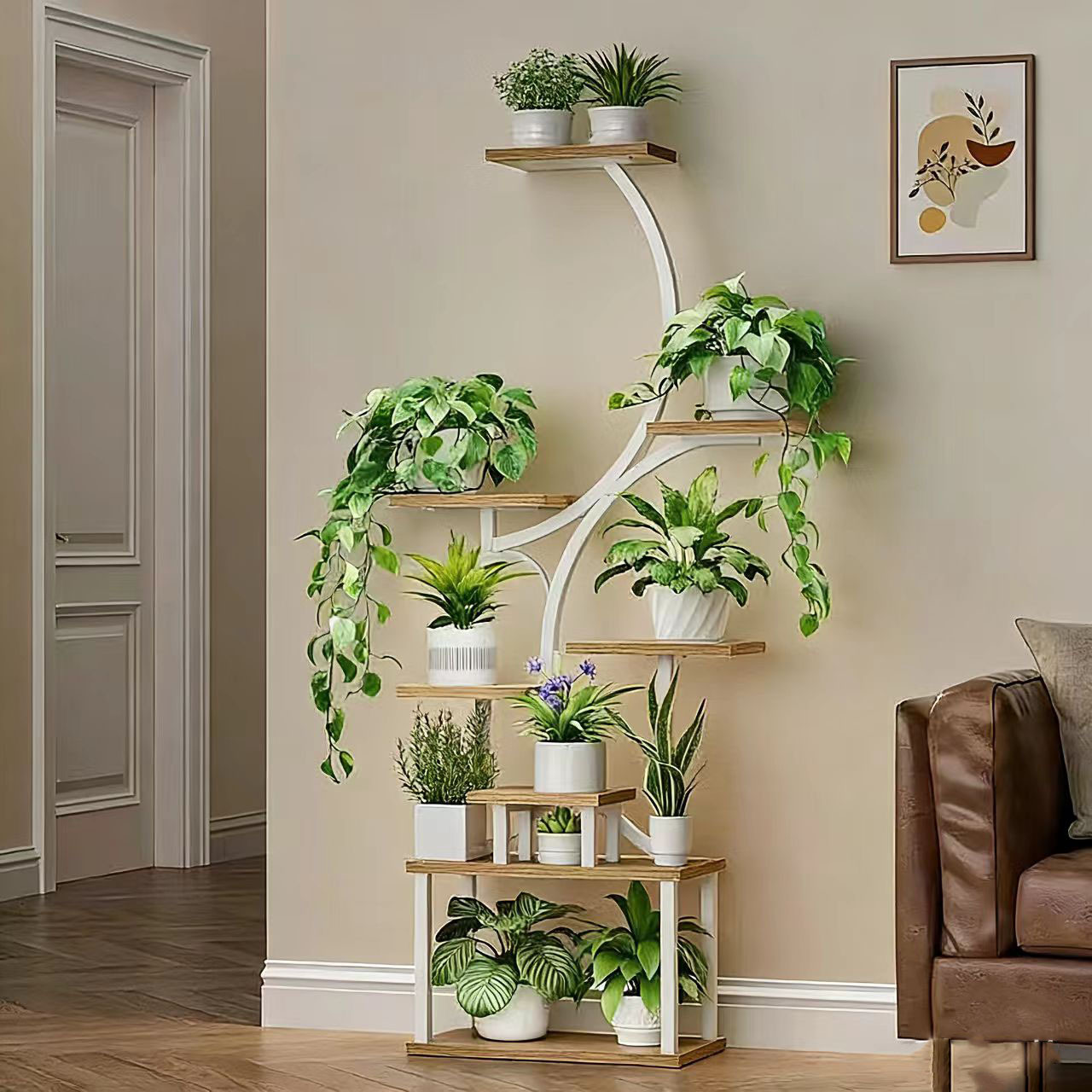 Plant Stand With 8 Corner Tiers, 157cm High, Indoor Flower Stand, Top Hanging , Multi-functional Metal Display Rack, Curved Design, Suitable For Indoor Styles (white And Black ).