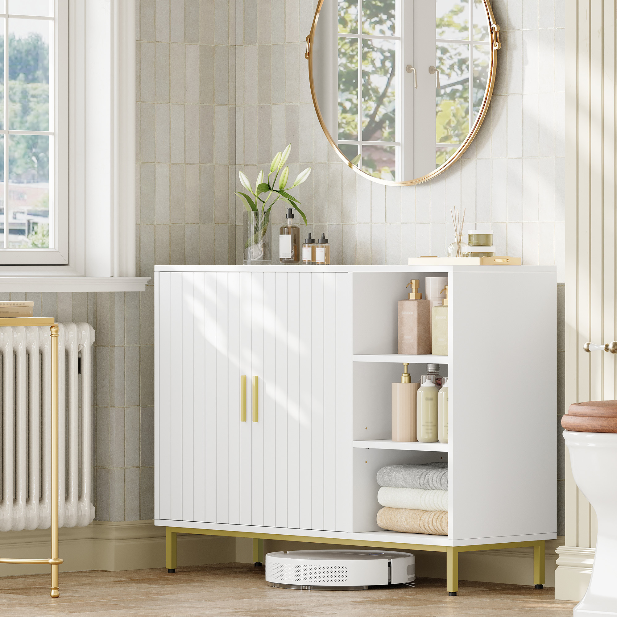 Image of Bathroom Cabinet, Sideboard, Freestanding Bathroom Cabinet With 2 Doors, Adjustable Shelves, 100 X 35 X 75 Cm, White And Golden