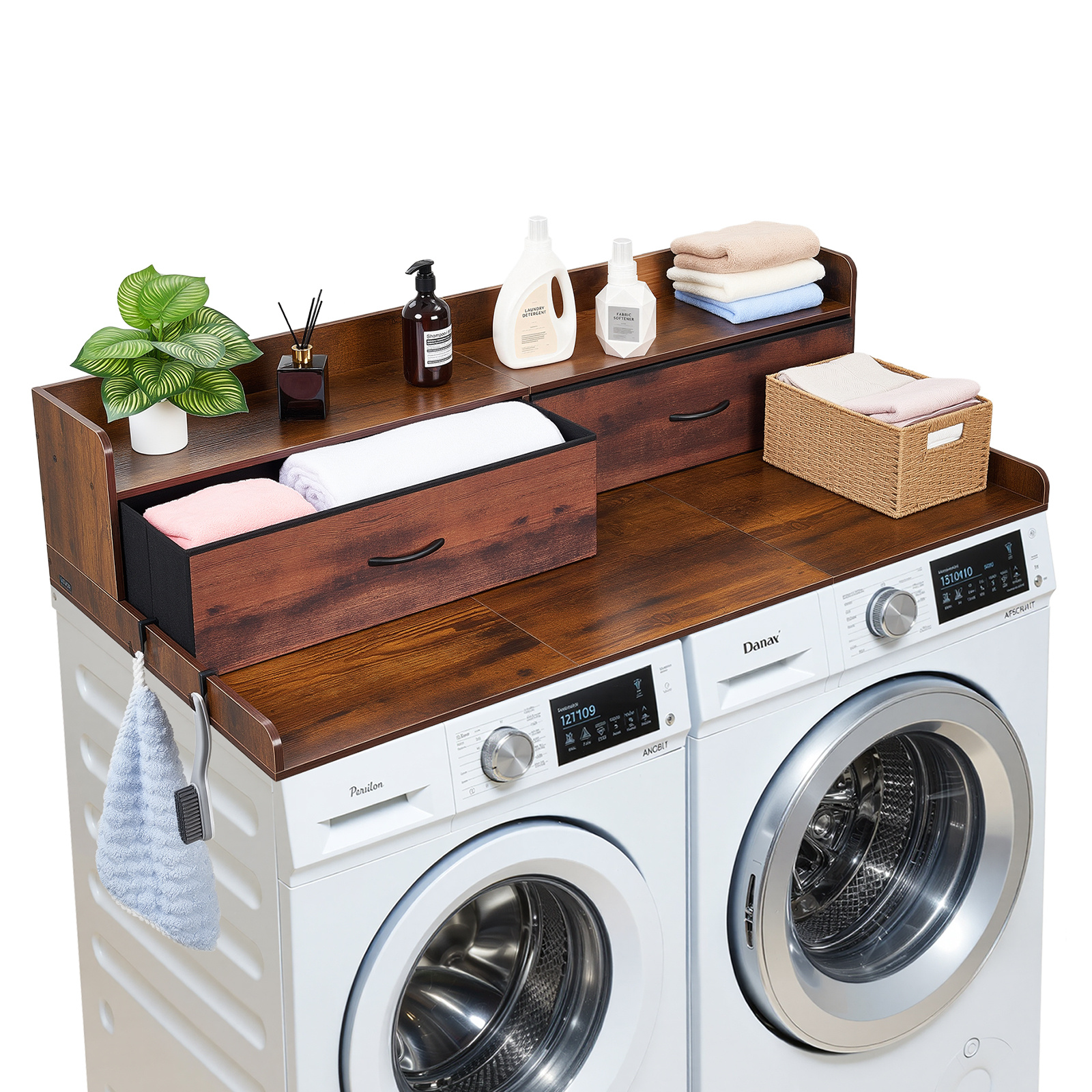 Vevor Washer Dryer Countertop With Shelf, 137 .9 Cm Wooden Washer And Dryer Topper With 2 Drawers & Hooks, Laundry Machine Topper For Laundry Closet Pantry Counter Organization And Storage, Brown