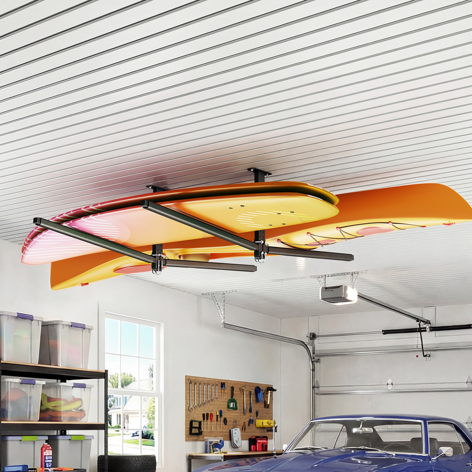 Vevor Kayak Storage Rack For 2 Kayaks, To 113.4 Kg, Heavy Duty Adjustable Ceiling Rack For Garage Ceiling Mount, Overhead Garage Storage Hanger For Canoe, Ladder, Sup, Surfboard & Paddleboard