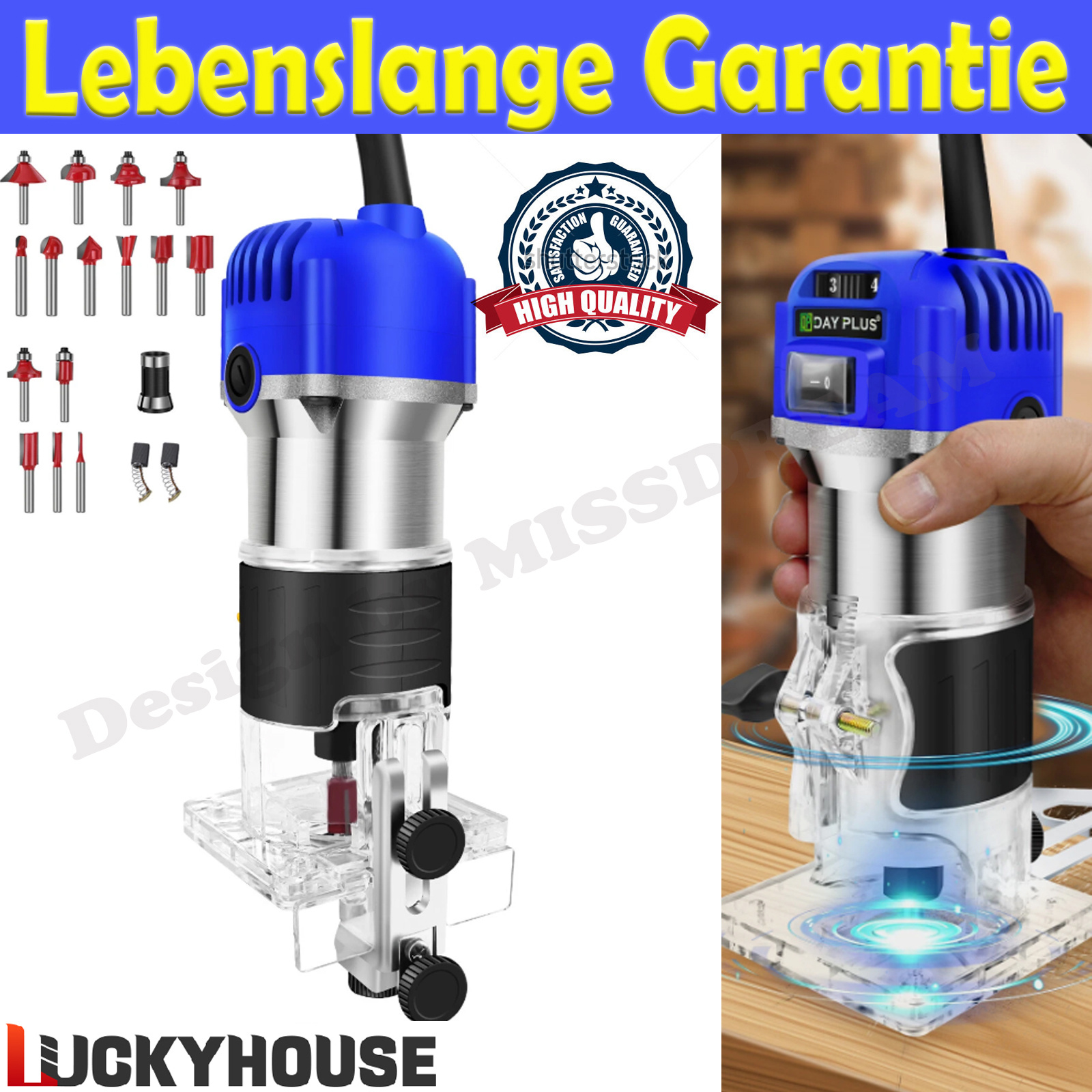 E-shop Elektrischer Palm Router Kantenschneider Fräsmaschine Werkzeug, 400W 6 variierbare Geschwindigkeiten Hohe Leistung DIY Werkzeug Holzbearbeitungs