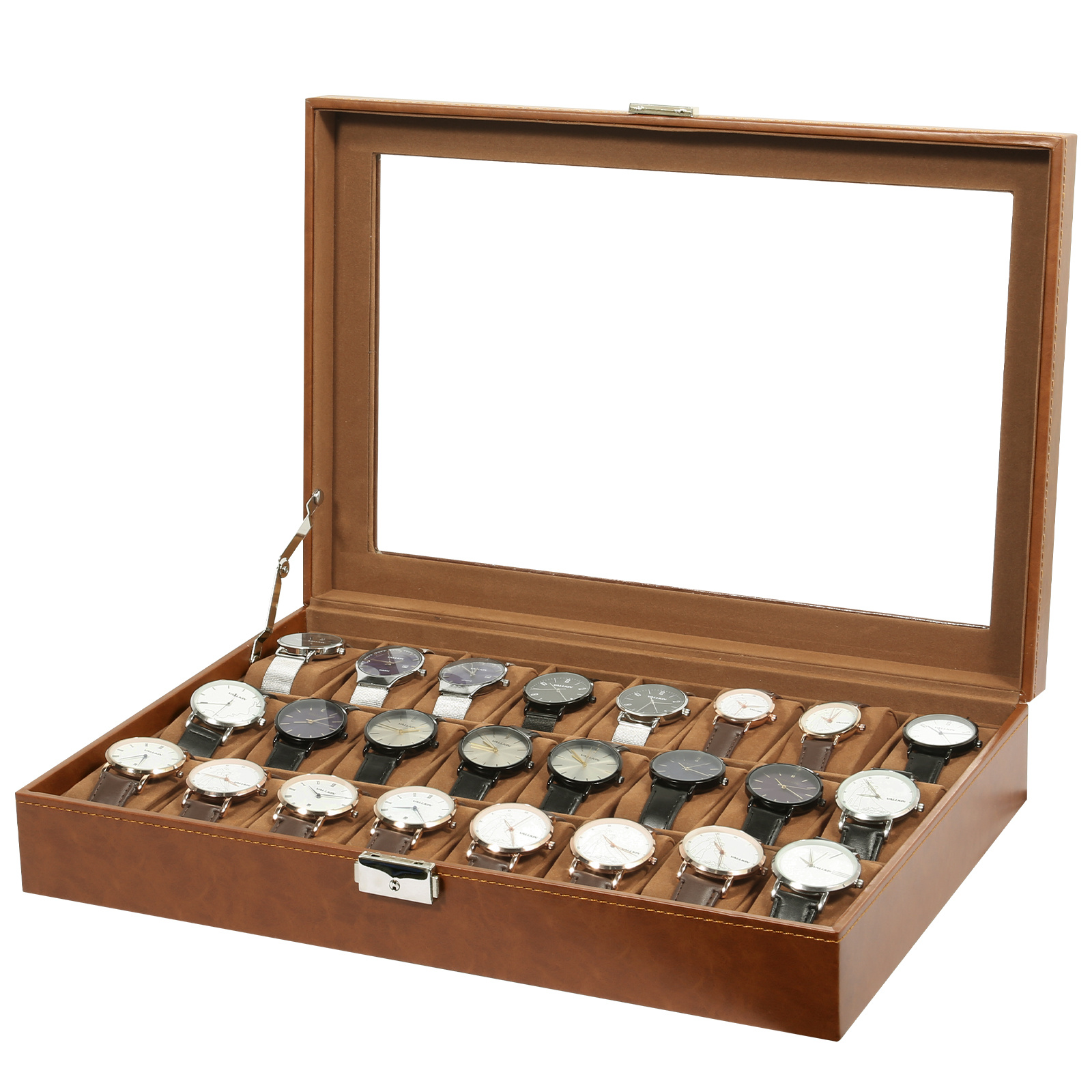 E-shop Uhrenbox mit 24 Fächern, Verschließbare Uhrengestell, Glasdeckel,Schnallen-Uhrenbox für Männer und Frauen, Uhrendisplay-Box, Geschenk für