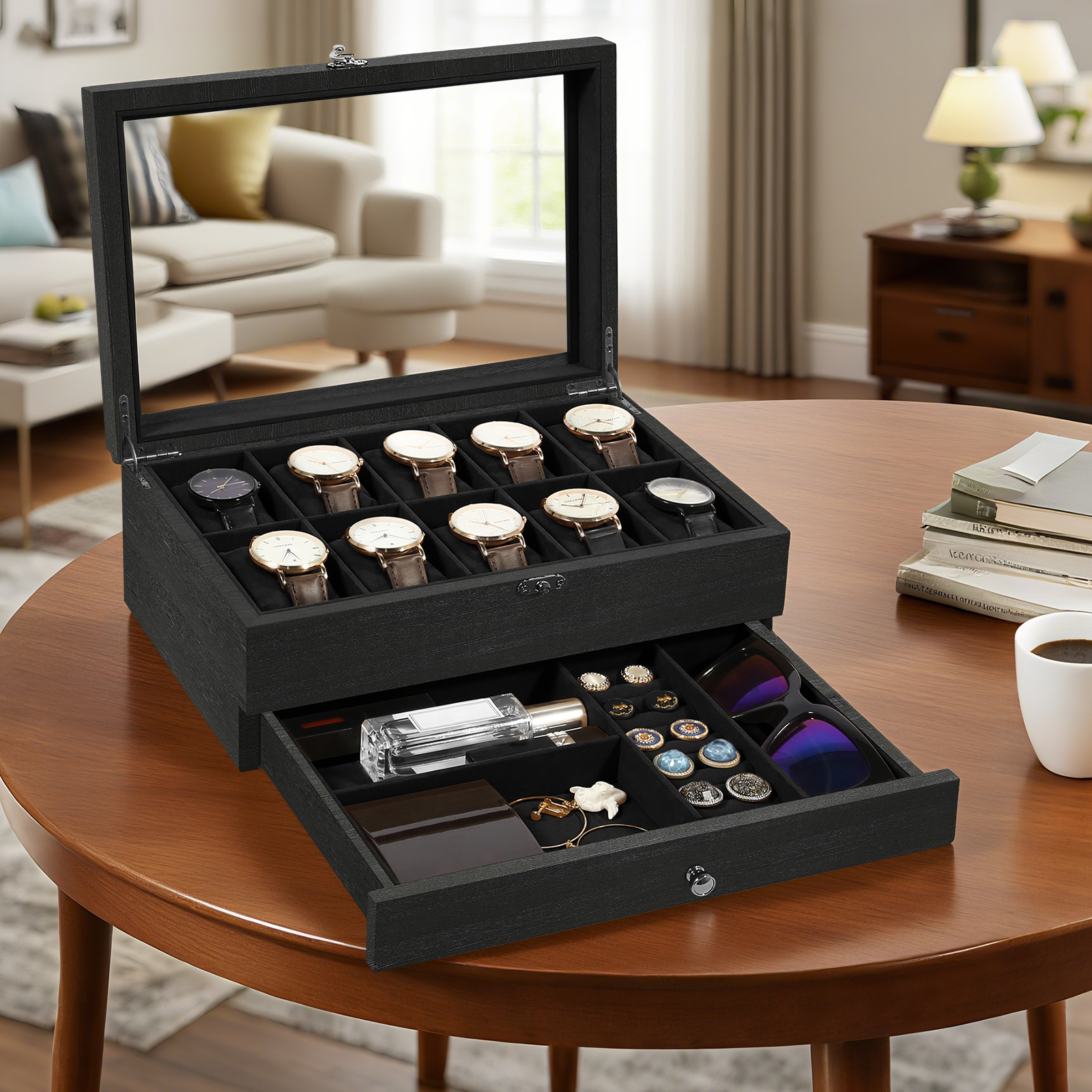 Without A Watch Box, A Wooden Watch Case, A Watch Box With A Glass Lid, A Small Drawer, Gift For .