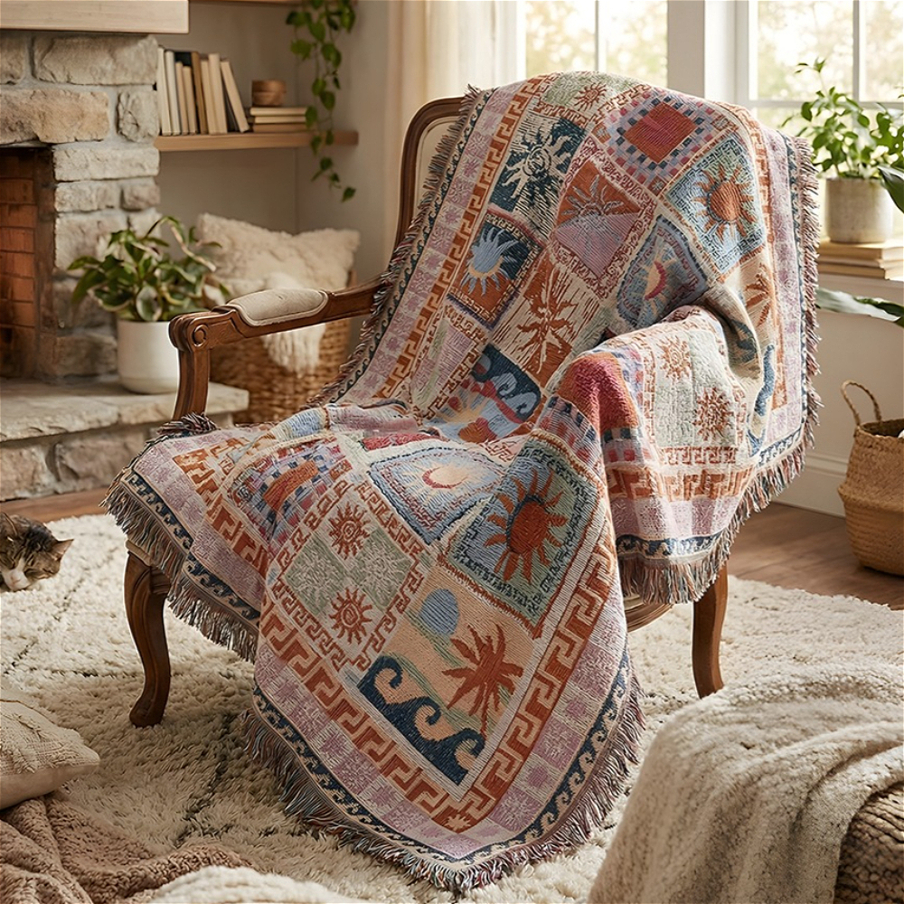 TEMU 1pc Bohemian Style Yarn Sofa Decorative Throw With Tassels, Soft And Comfortable Sofa Cover, Machine-washable Home Sofa Non-slip Protective