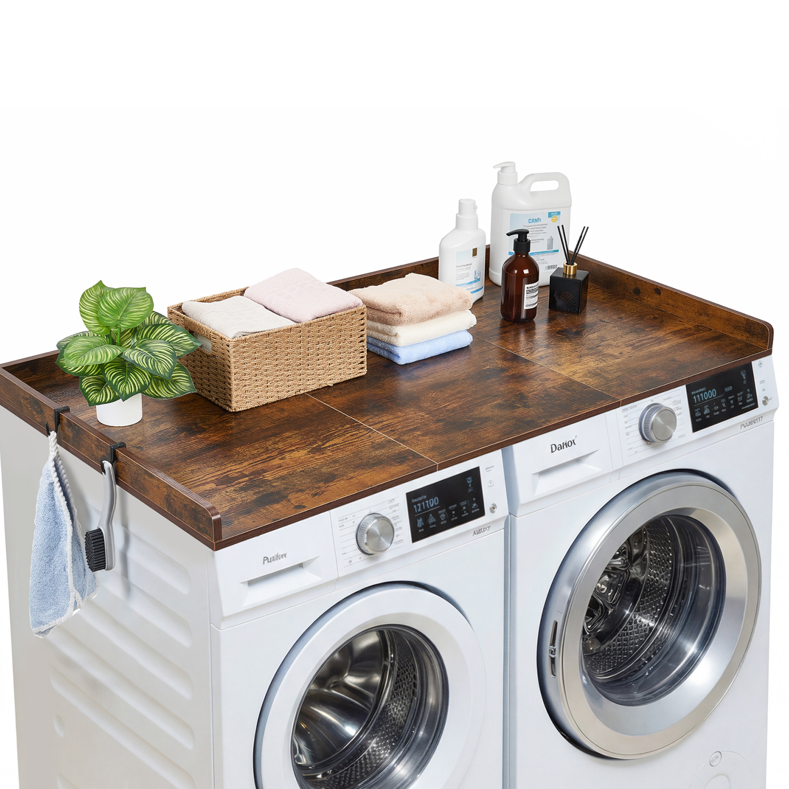Image of Vevor Washer Dryer Countertop, 137 .9 Cm Wooden Washer And Dryer Topper With Edge & Hooks, Water-resistant Laundry Machine Topper For Laundry Closet Pantry Counter Organization And Storage, Brown