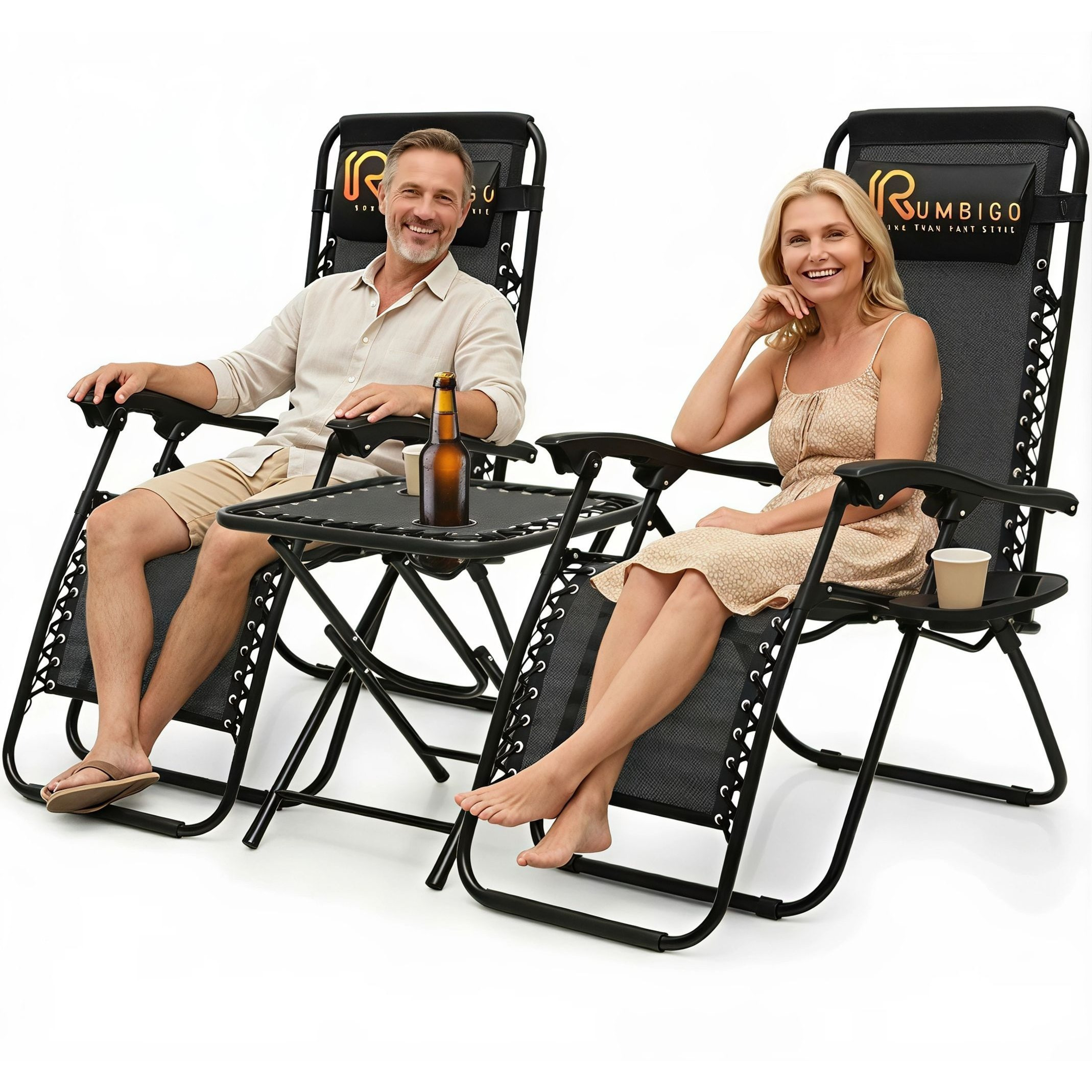 Image of 0 Gravity Lounger 2x + Coffee Table Set Of Garden Furniture Rumbigo: 2x Coffee Table Set Of 2 Loungers