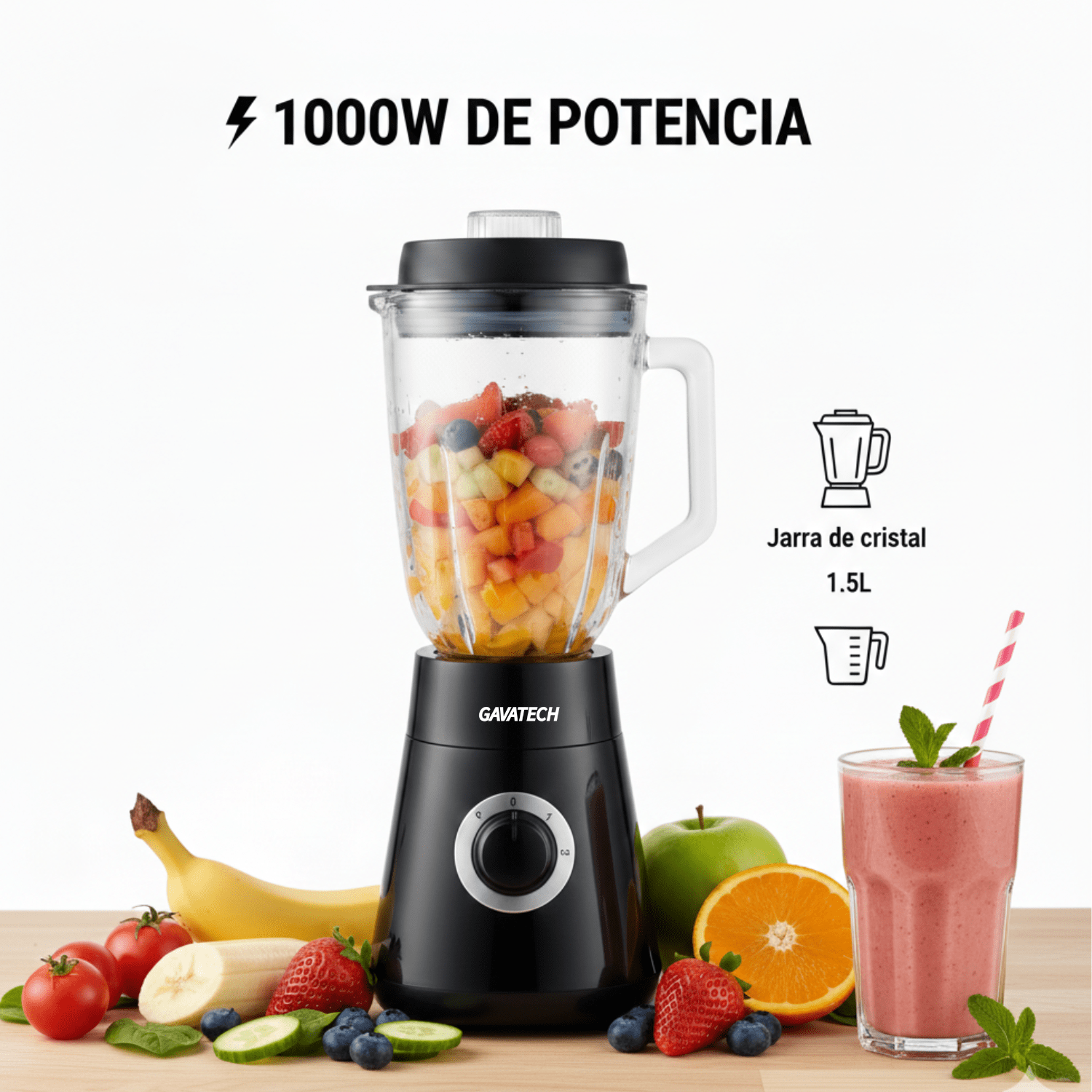 TEMU MR-1000 – Batidora de Vaso de 1000W, Jarra de Cristal Termorresistente, 4 Cuchillas de Acero Inoxidable y Control de Velocidad Variable con
