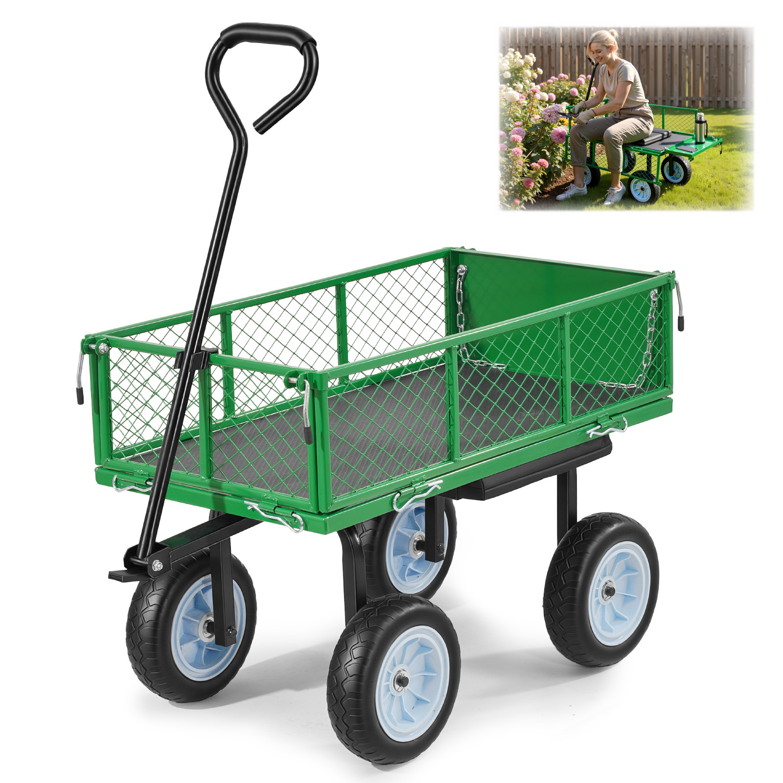 Image of Vevor Garden Cart With Seat, 226.8 Kg, Rolling Steel Garden Work Seat With Wheels, Heavy Duty Gardening Stool, With Tool Tray & Adjustable Handle, Outdoor Yard Wagon, For Lawn, Patio, Backyard, Green