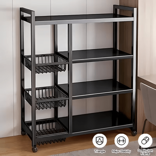 item picture adjustable vertical kitchen shelves four layer open shelves with three metal mesh baskets storage shelves with pulleys large capacity kitchen storage organization shelves suitable for kitchens living rooms bedrooms garages floor standing shelves movable shelves