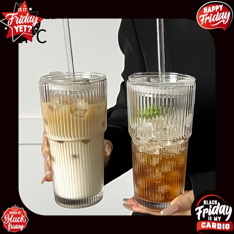 E-shop 2er-Set Gerippte Glastumbler (20 oz) mit Deckel und Glasstrohhalm | Langlebig, wiederverwendbar, spülmaschinenfest – für Eiskaffee, Smoothies,