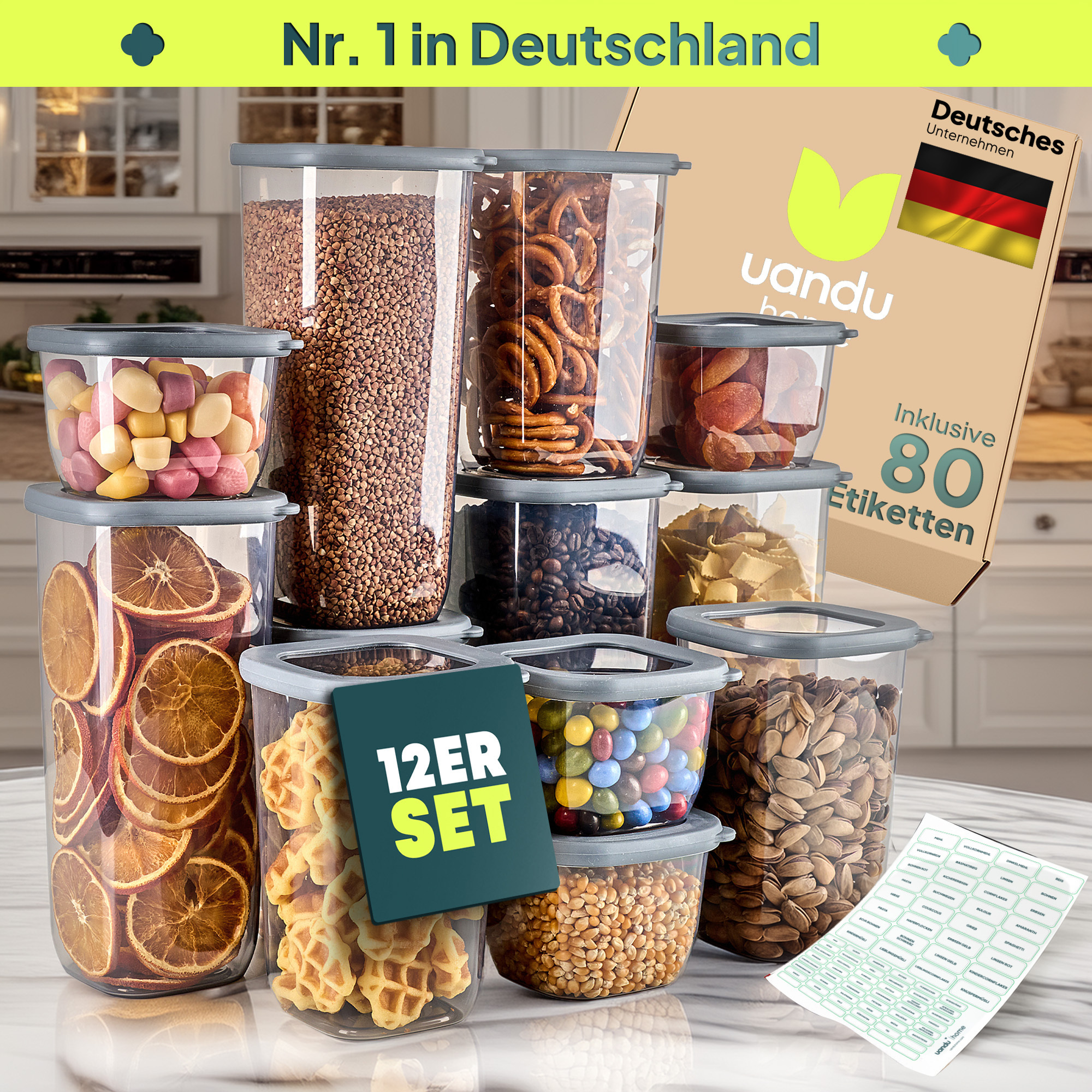 TEMU uandu Vorratsdosen mit Deckel luftdicht 12er Set- Behälter für Küche, Lebensmittel-Aufbewahrung | Luftdichte Aufbewahrungsbox im Set inkl. 80
