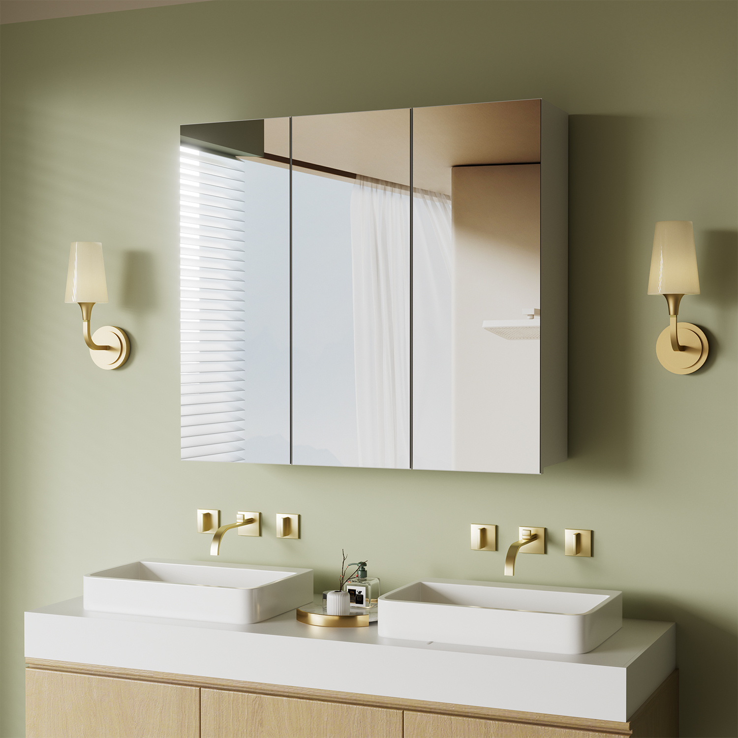 Image of Mirror Cabinet, Bathroom Cabinet With 3 Mirrored Doors, Wall Cabinet, Hanging Cabinet For Bathroom, 70 × 15 × 63 Cabinet, White