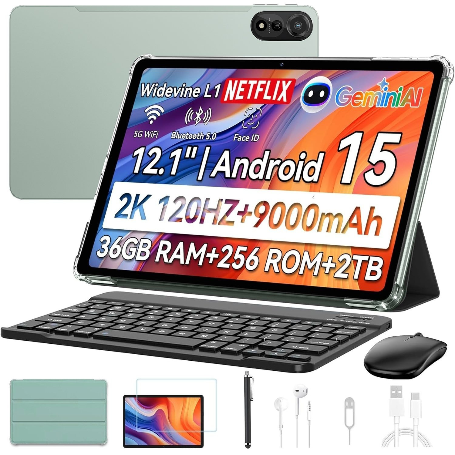 Blackview Mega2 15 Tablet 12-inch, 36 (12+24) Gb + 256gb Rom, 2k Fhd Gaming Tablet With Keyboard, Mouse, Stylus, Headphones, 4g Lte + 5g Wifi, 9000 Mah, L1, Dual Camera, , Gps, Case