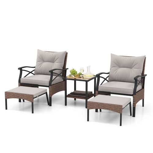 5pcs wicker patio conversation set porch chairs and ottoman set w cushions tempered glass table outdoor furniture lounge set for garden lawn yard