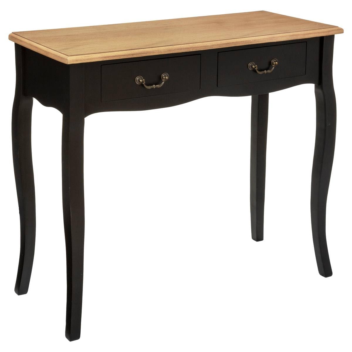 Image of Black And Wood Console 87 X 34 X 78 Cm, 2 Drawers, Baroque Style - For Entrance, Living Room, Bedroom