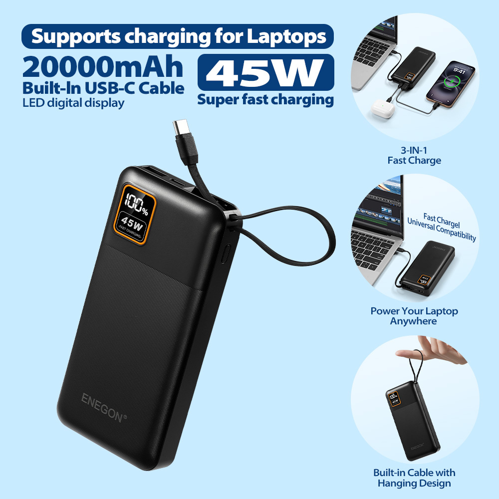 E-shop ENEGON 45W 20000mAh Tragbarer Akku, Kompakte Powerbank mit integriertem USB-C-Kabel, Schnellladung USB-C Eingang & Akku-Pack, Kompatibel mit