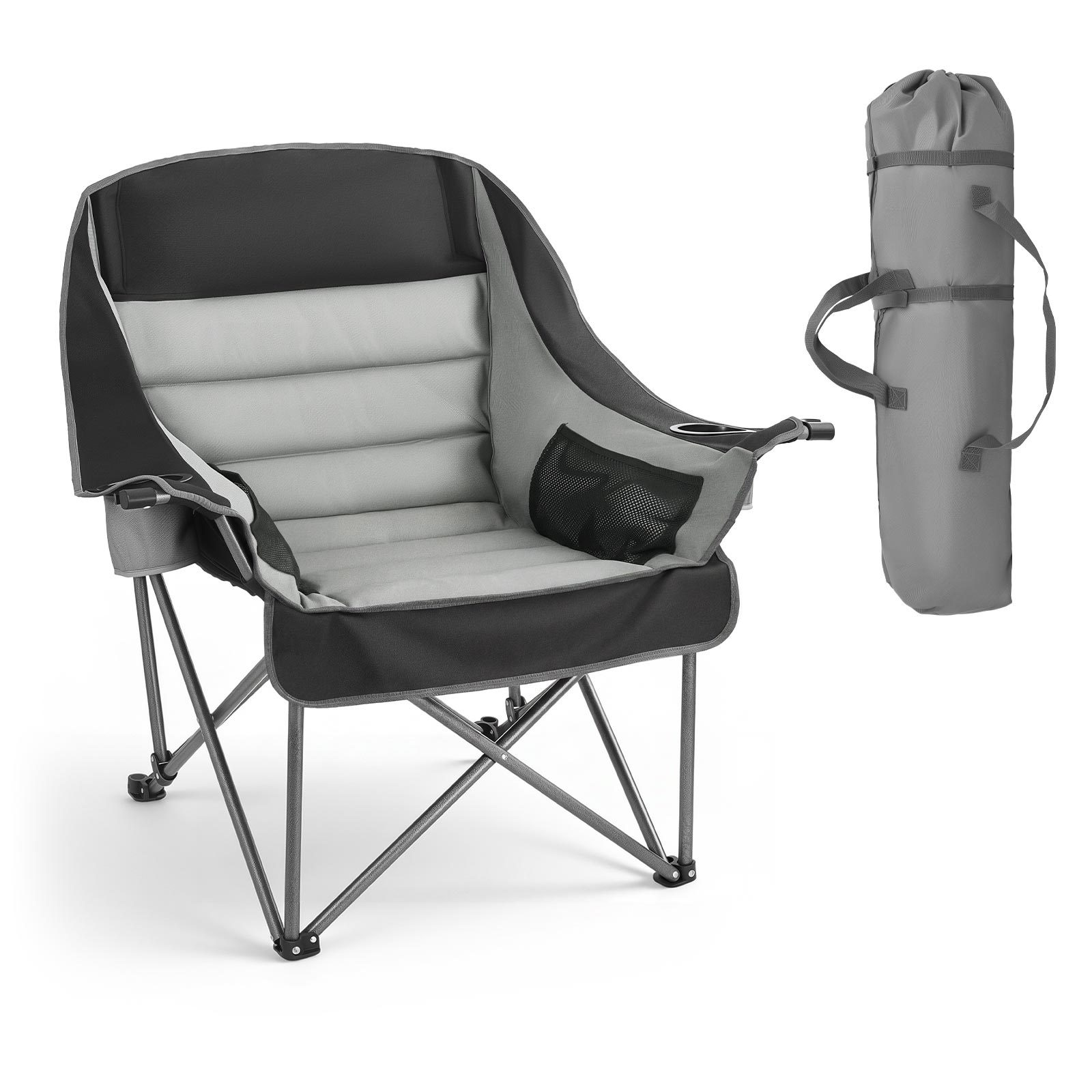 Image of Vevor Oversized Camping Chairs, 204 Kg Heavy Duty Support, Portable Padded Folding Camp Chairs With Dual Cup Holders & Wine Glass Holders, Carry Bag For Outdoor, Fishing, Black & Gray, 1 Pack