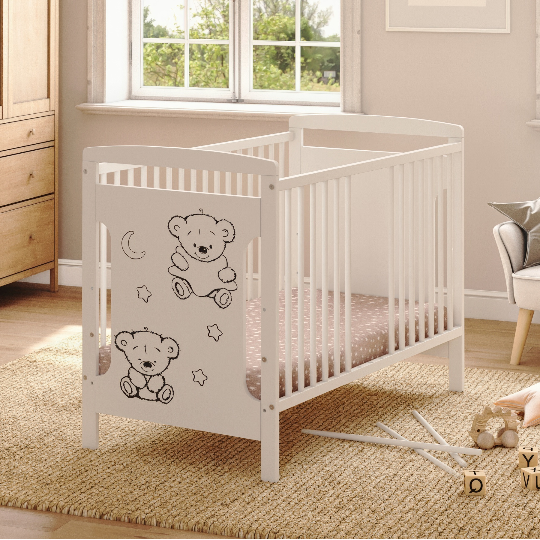 Image of Baby Crib Ted White 60x120 Cm With 6 Cm Foam Mattress, 3 Levels Of Bottom, 3 Removable Steps, Front With Bear Print