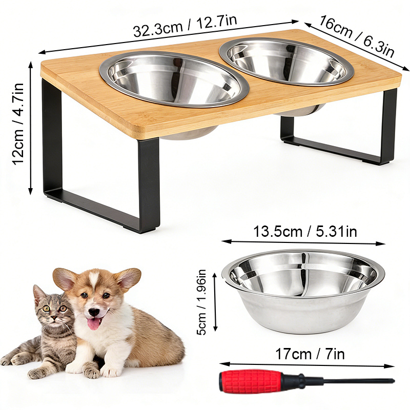 TEMU Tilt-down Pet Food Bowl, 2 304 Stainless Steel Bowls, Suitable For Indoor Pets, Orthopedic Pet Food Holder, Anti-vomiting, Double-bowl Cat