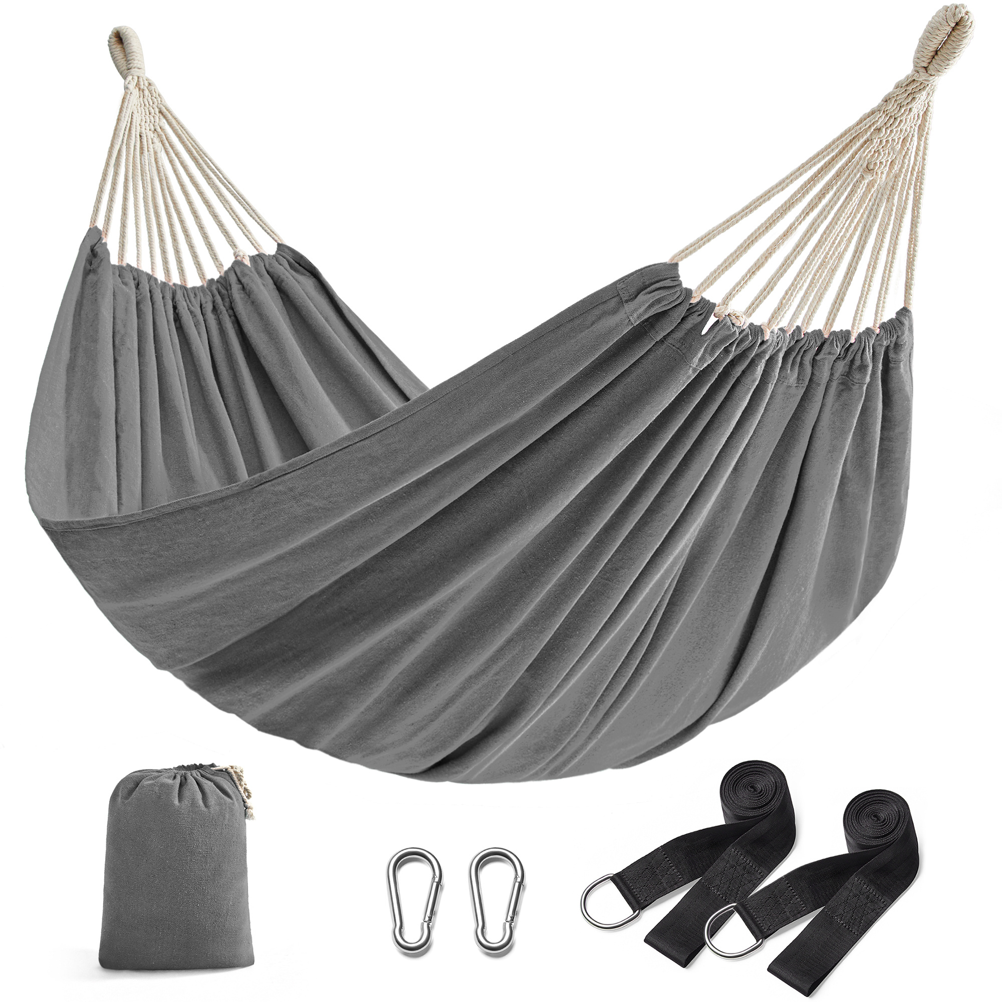Image of Double Hammock, Load Capacity 300 Kg, Portable, Without Stand, Suitable For Gardens, , Outdoor Areas And Camping. Includes Carrying Bag, Fastening Straps And Carabiners.