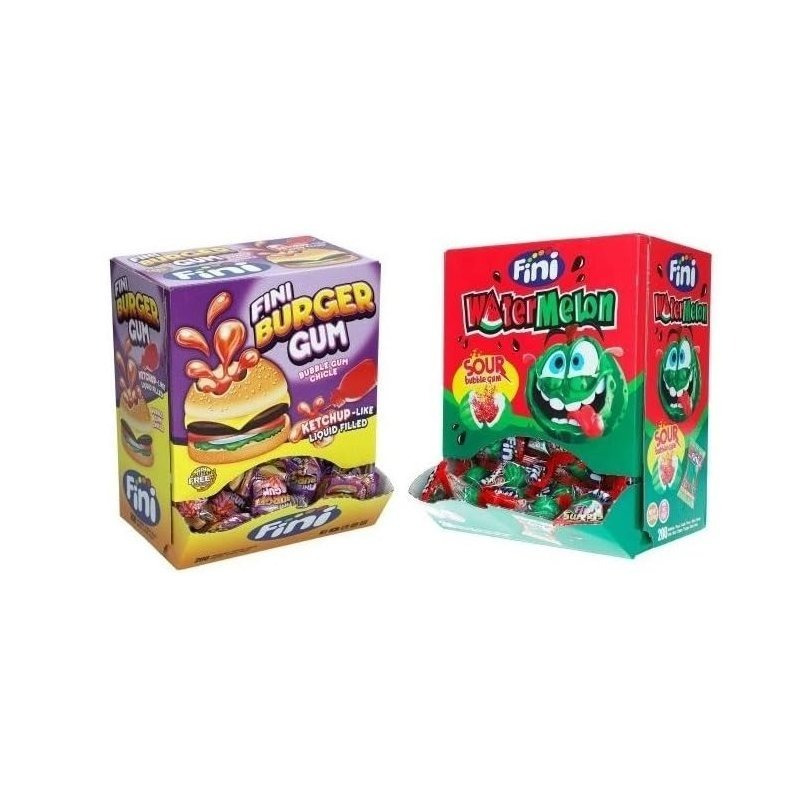Image of 2 Boxes Of 200 Fini Chewing Gum Mix In 2 Varieties (1x Burger + 1x Watermelon) At 1 Kg Each (2 X 1kg)