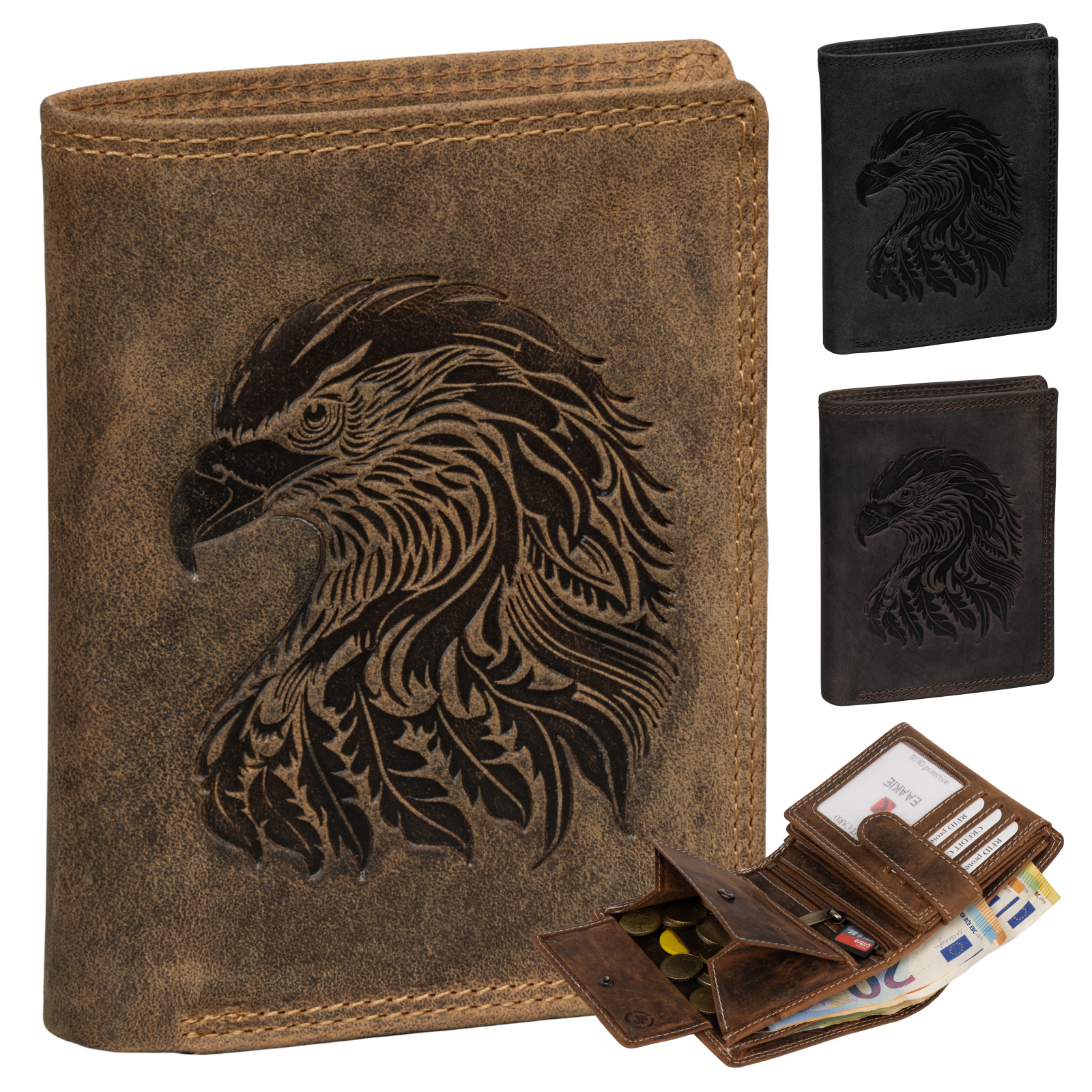 Men's Real Leather Rfid Wallet Buffalo Leather With Embossed Motif Black Vertical Format Eagle Head