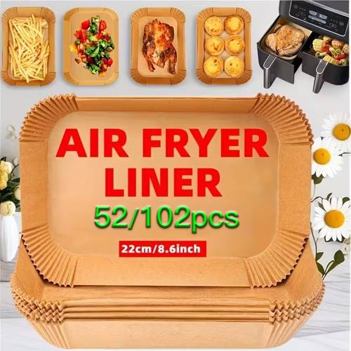 52 102 202pcs pre cut air fryer liners 22x14cm suitable for dual basket fryers heat resistant disposable rectangle sheets bulk for home and commercial use air fryer accessories easy durable kitchenware
